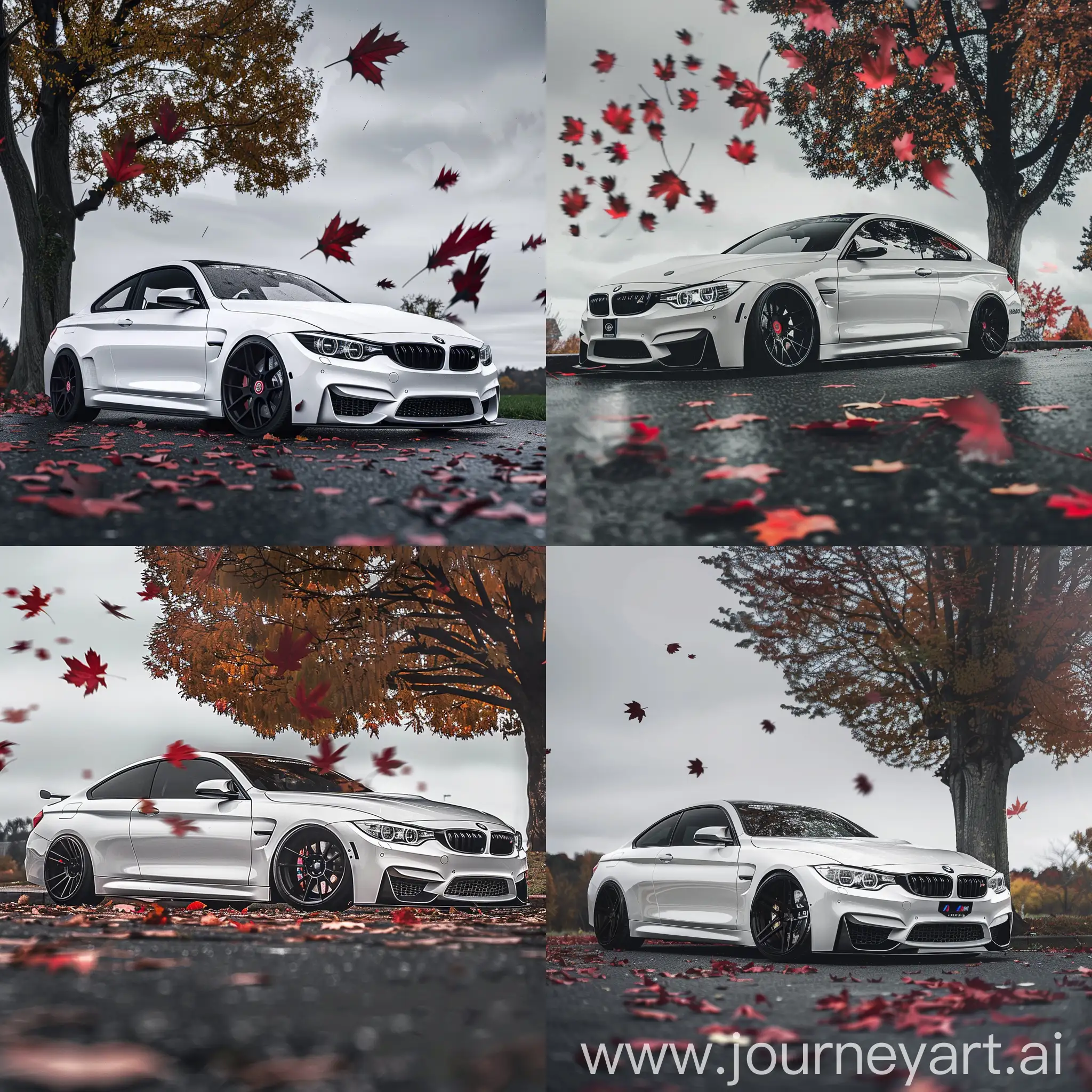 Realistic bmw m4 2015 in white with black rims in lente near the tree with red leafs flying around the car sharp realistic aesthetic photo with grey sky