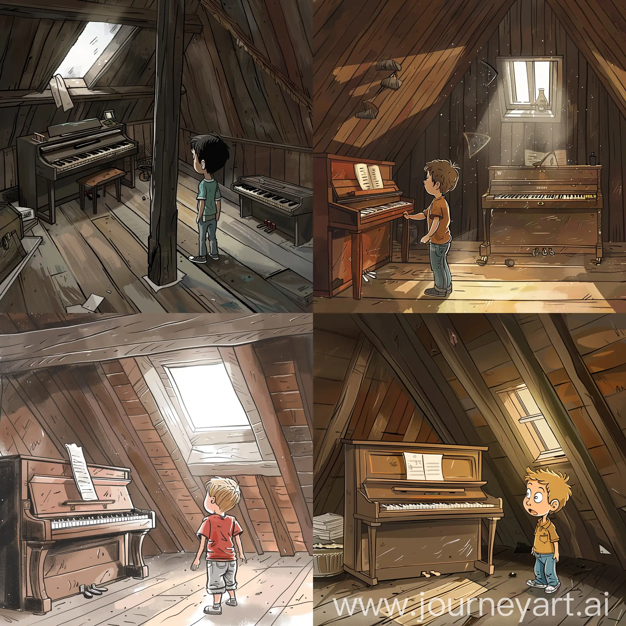  
Нарисуй в мультяшном стиле чердак, в котором маленький мальчик недоумевающе смотрит на фортепьяно