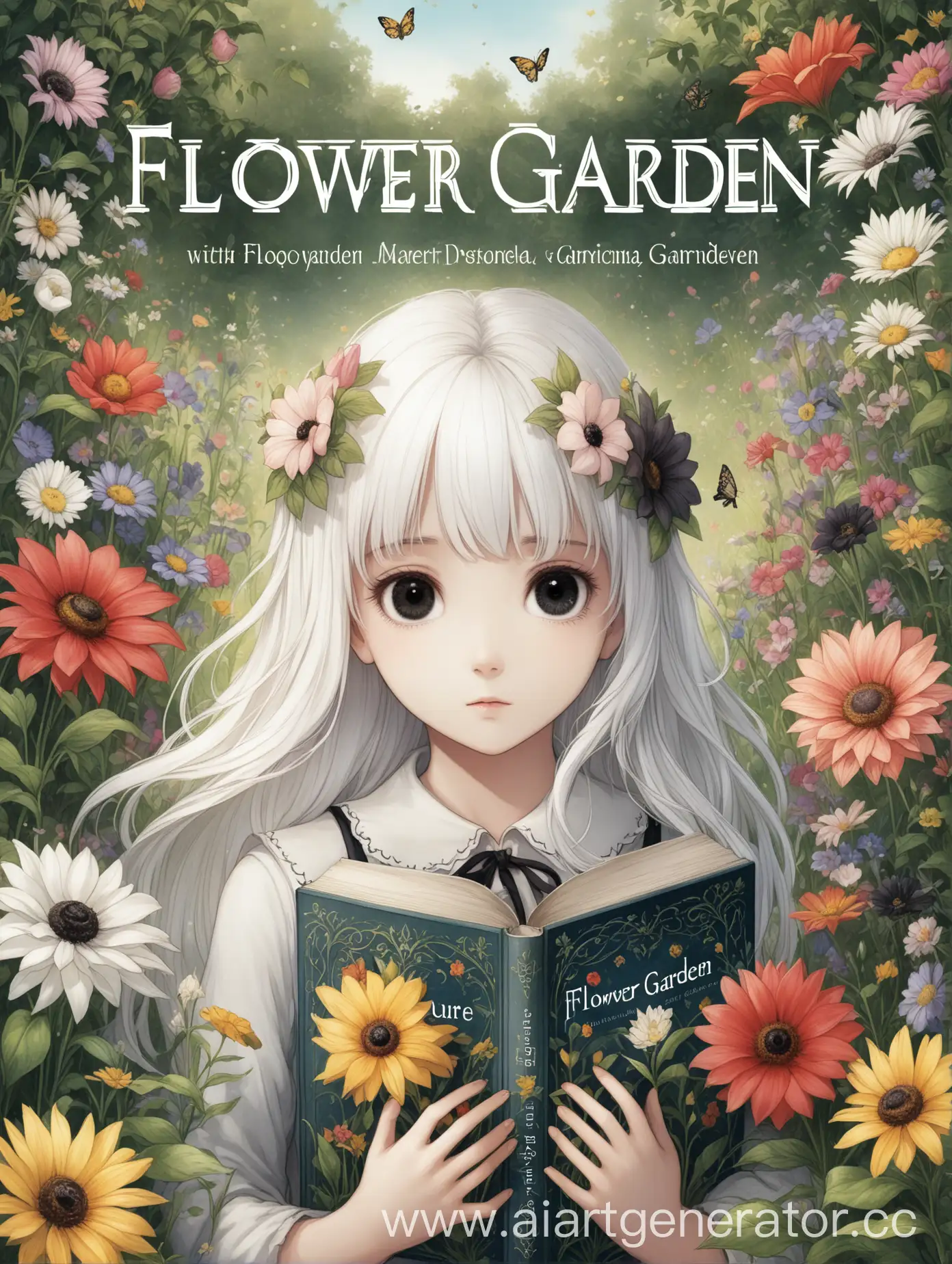 Обложка книги, с изображённой на ней девушкой с белыми волосами и чёрными глазами, название книги: Цветочный сад
