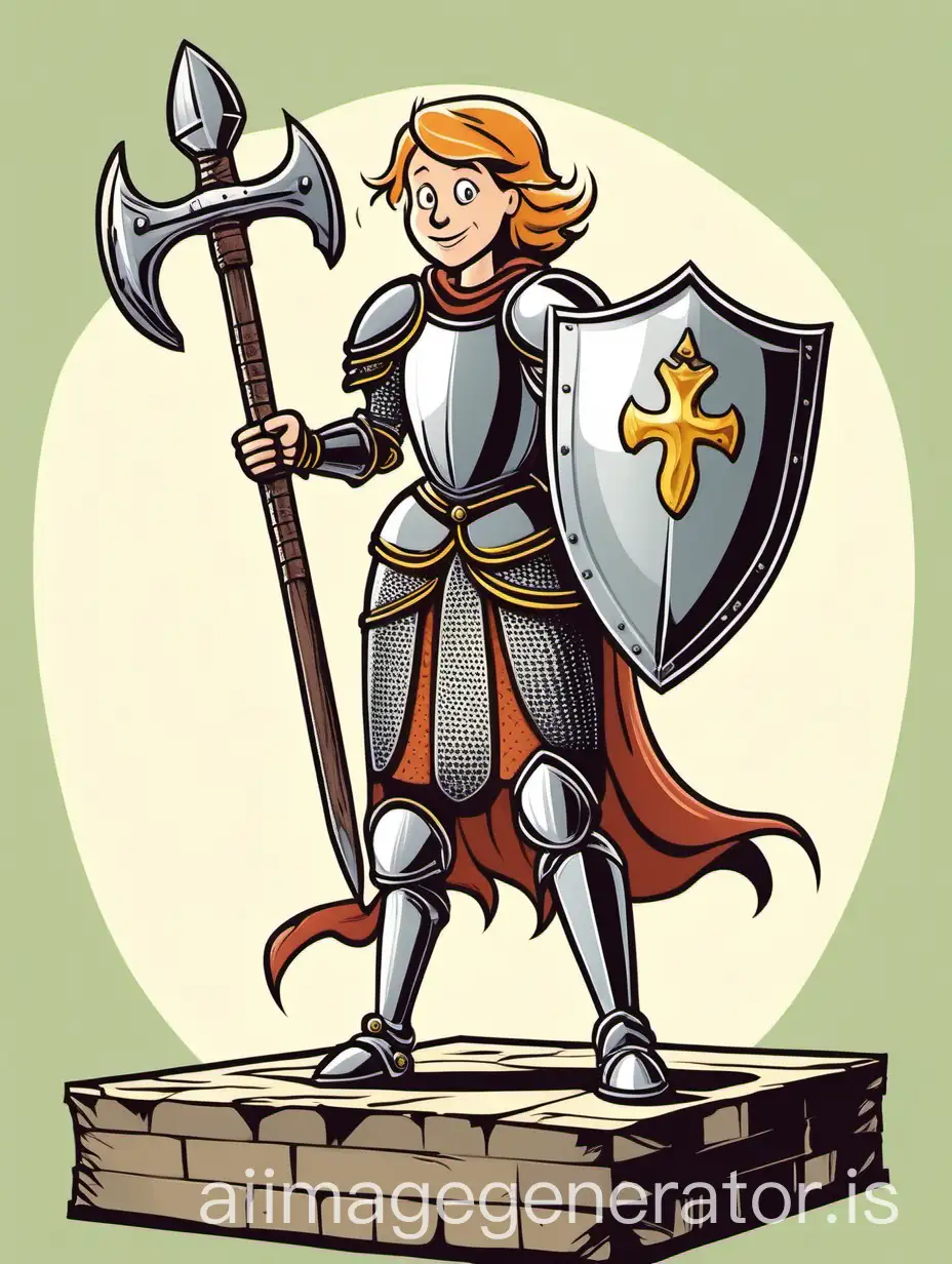 An older female teenager as a cartoon knight carrying a large blank shield and looking fun but determined and standing on a box