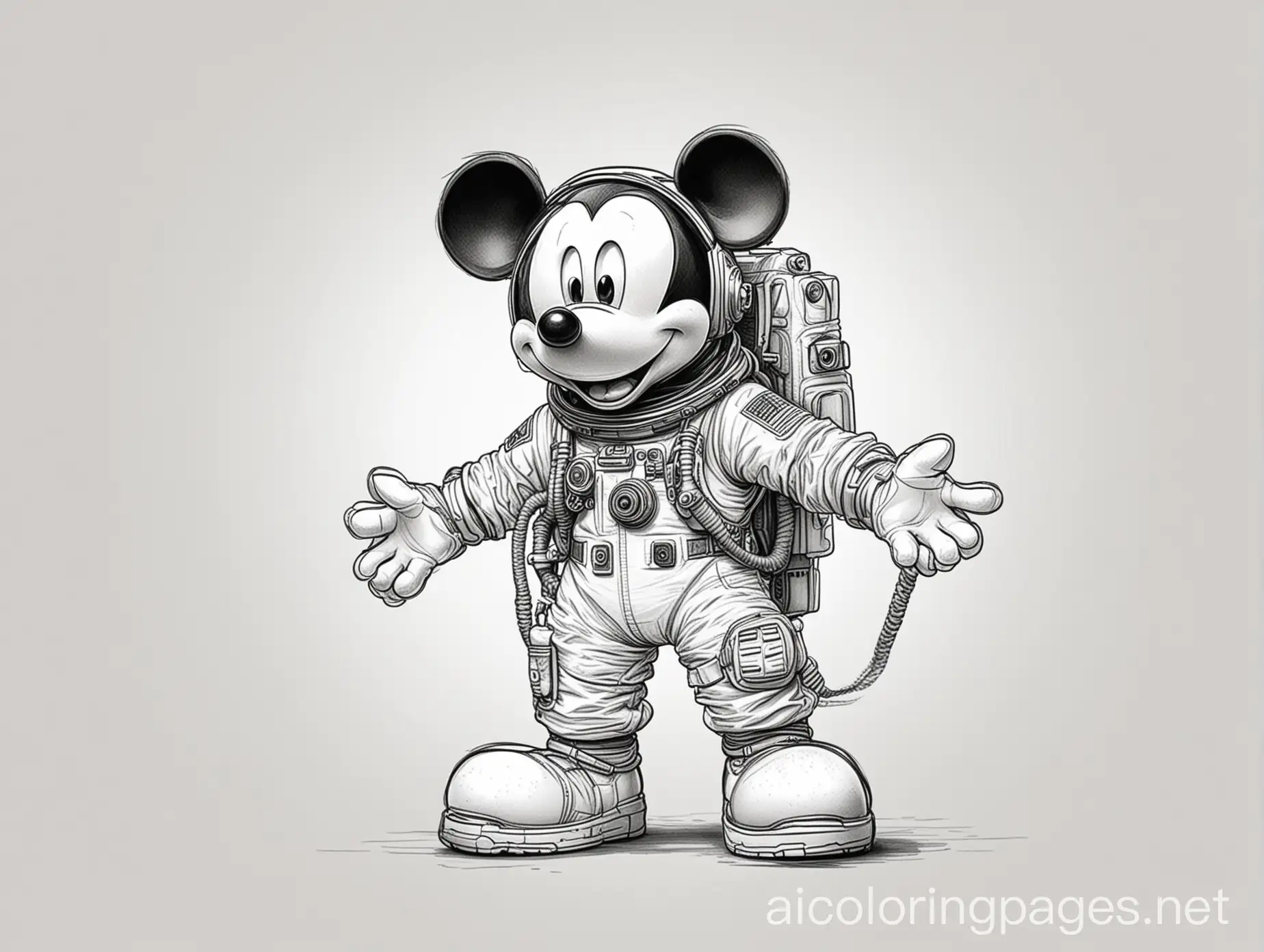 astronaut mickey mouse, Coloring Page, black and white, line art, white background, Simplicity, Ample White Space