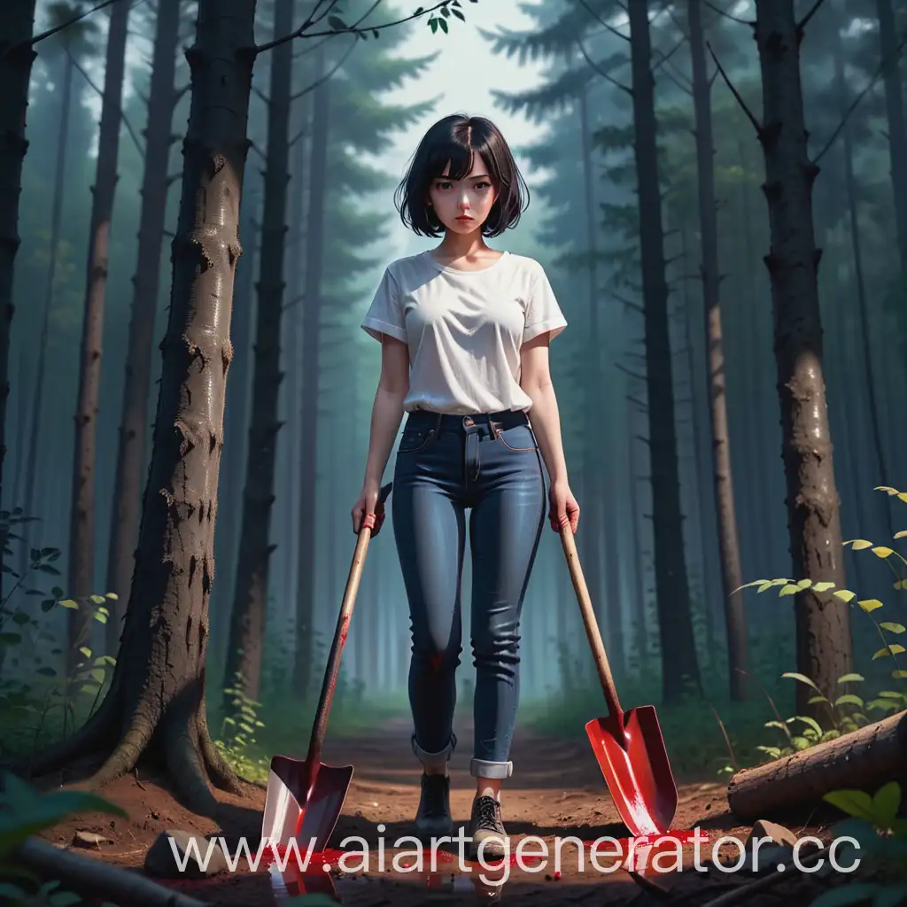 Mysterious-Forest-Scene-DarkHaired-Girl-with-BloodStained-Shovel