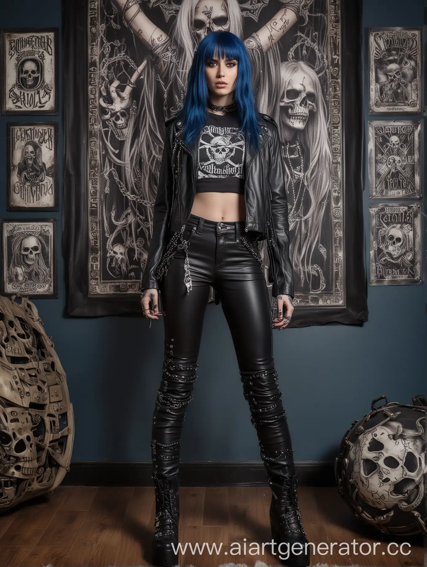 A fierce heavy metal enthusiast displaying the iconic metal horns gesture 🤘. She wears a black Slayer band printed top, adorned with a leather jacket, pants, and rough platform boots. Chains and spikes add to her gothic style. With a pretty face framed by long dark blue hair, she showcases skull tattoos. The room features Slayer skull metal posters in the background, capturing the essence of lifestyle photography. The image is candid, realistic, and epic, shot in medium close-up focusing on her upper body.