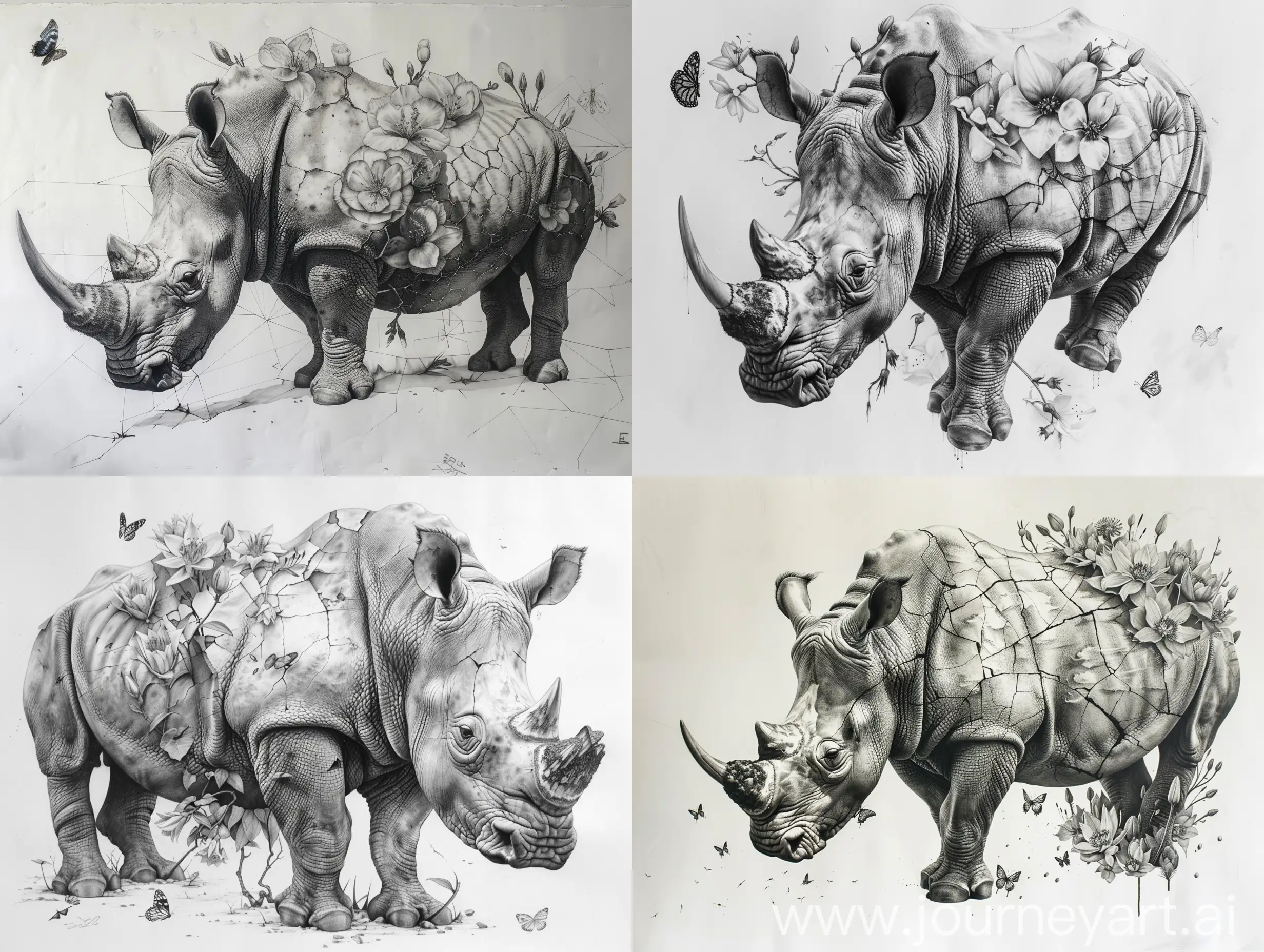 genre creative dark hyper realistic pencil sketch of a rhino on prism like surface, the upper body of the rhino is cracking and from those cracks flowers are growing and butterflies are coming out, on a large canvas in great fine details with white background

