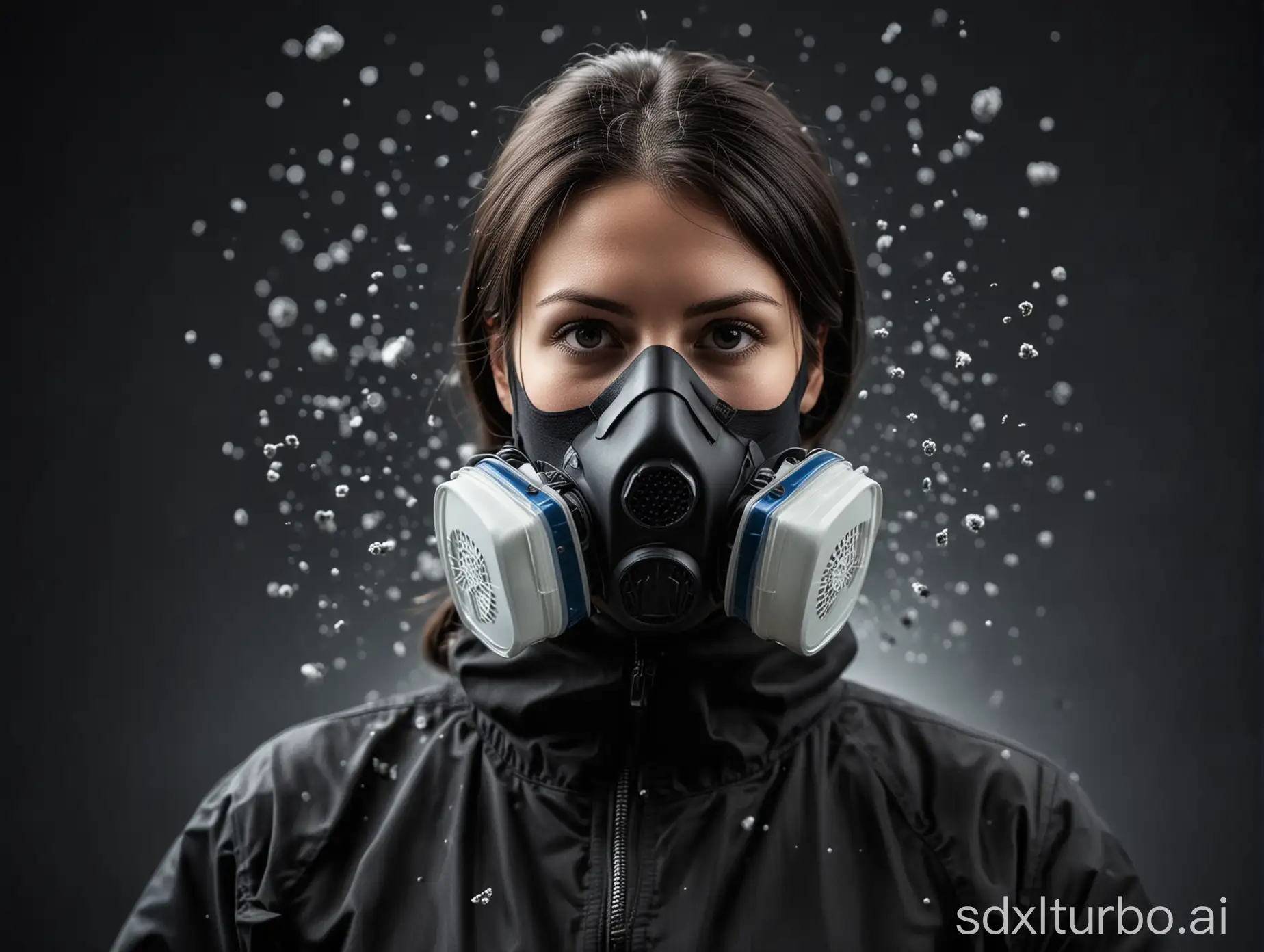 Person wearing a black respirator, virus particles floating around in the air