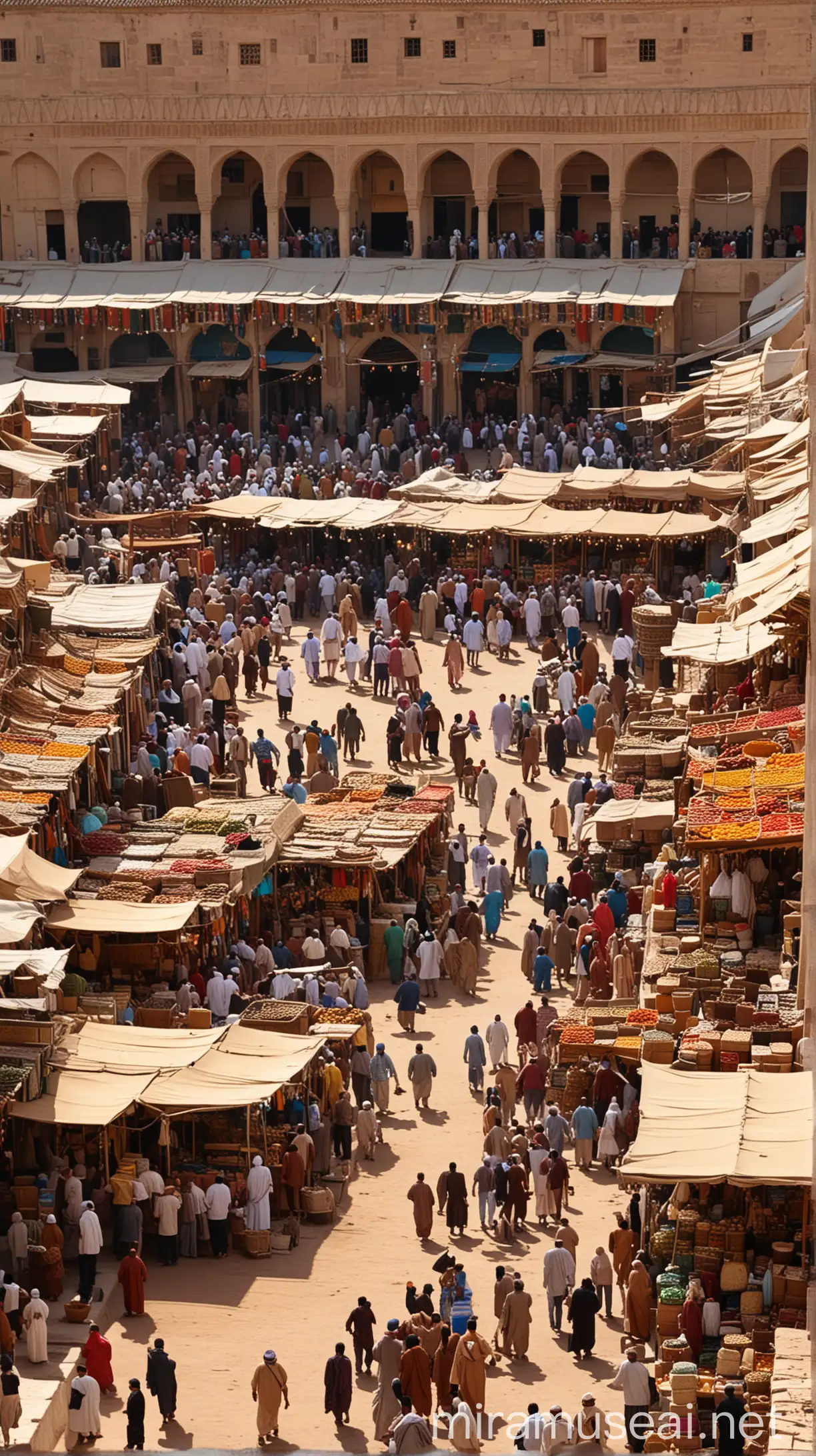 Image: A bustling marketplace in ancient Medina.
Description: Crowds of merchants and shoppers gather in the marketplace, with stalls filled with goods ranging from spices and textiles to pottery and livestock. The scene reflects the vibrant economic activity fostered by Prophet Muhammad's reforms, with people engaging in fair trade and commerce. with islamic era tradition , HD and 4k