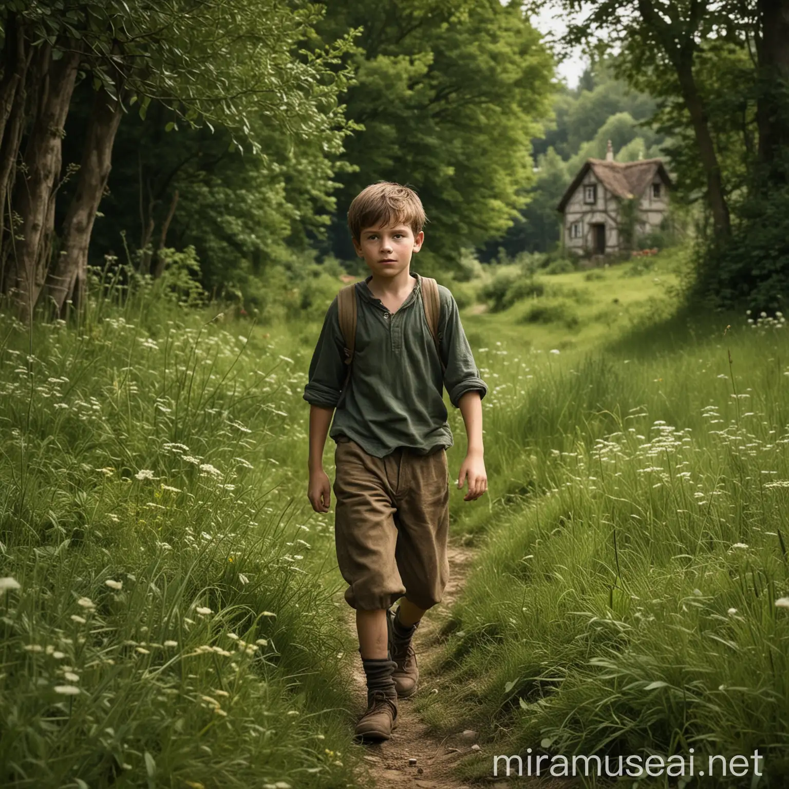 Adventurous Young Boy Exploring a Small Village in Green Meadows and Dense Forests