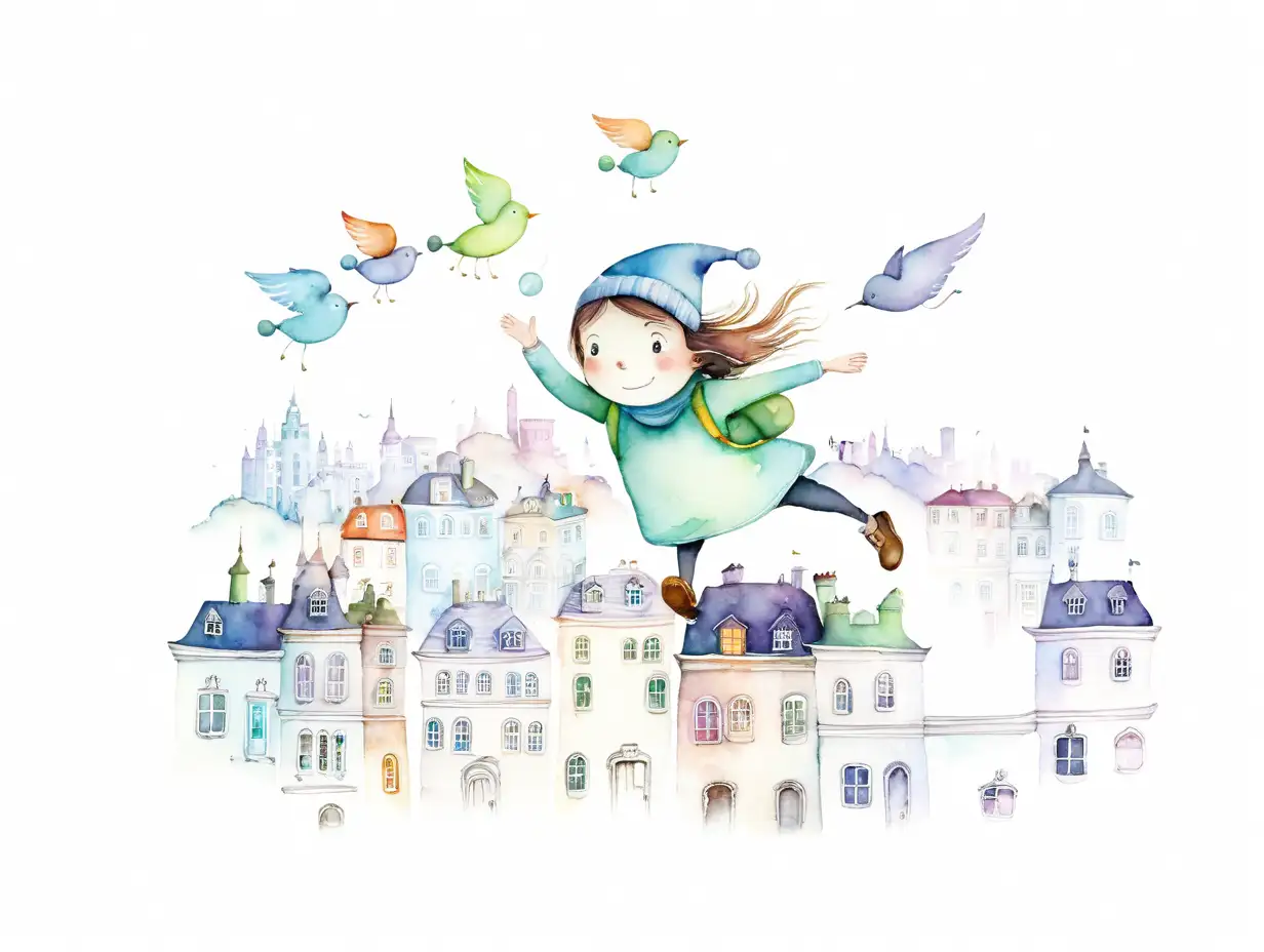 Child Flying Over City in Watercolor Style by Alexander Jansson