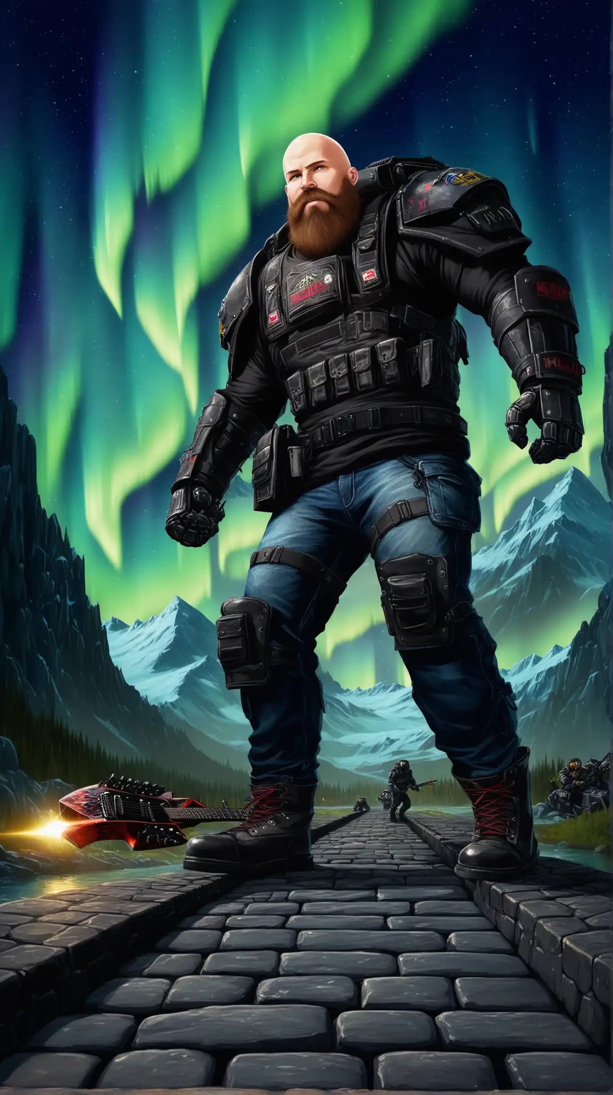 Bald headed male streamer, with a long scruffy beard, about 35 years old, red rayban shades, buff fit, athletic, fierce, black rocker t-shirt, blue jeans, gauntlets, black combat boots, fighting stance, with an electric guitar, on a  cobblestone bridge in front of Helldivers Dropship, midnight, mountains, valley, greenery, aurora borealis, wide shot, highly detailed, random details, imperfection, detailed face, detailed body, detailed skin textures, skin pores, detailed background, detailed colors hues tones,