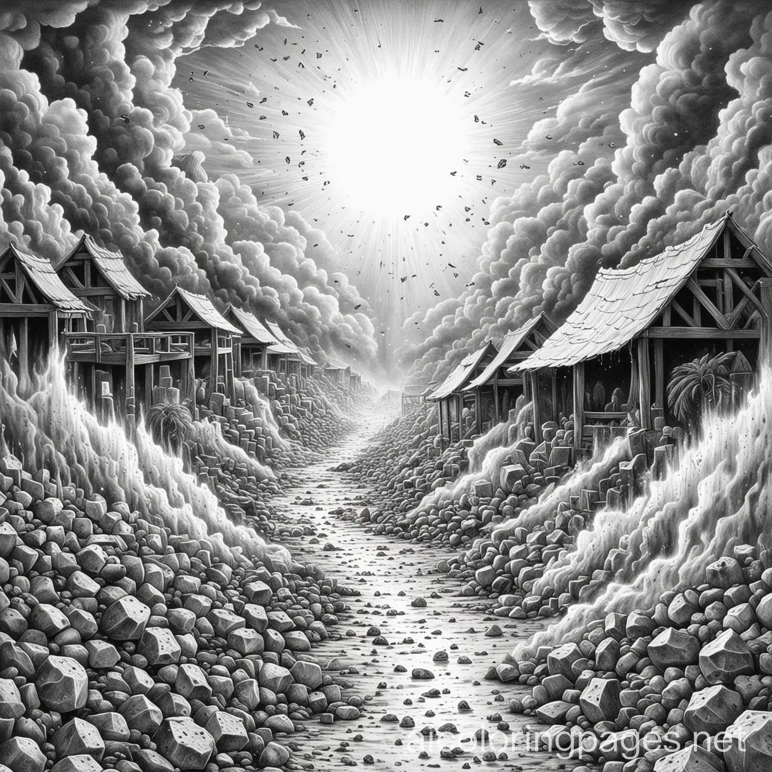 an image of the plague of hail mixed with fire in Egypt  black and white coloring page, Coloring Page, black and white, line art, white background, Simplicity, Ample White Space