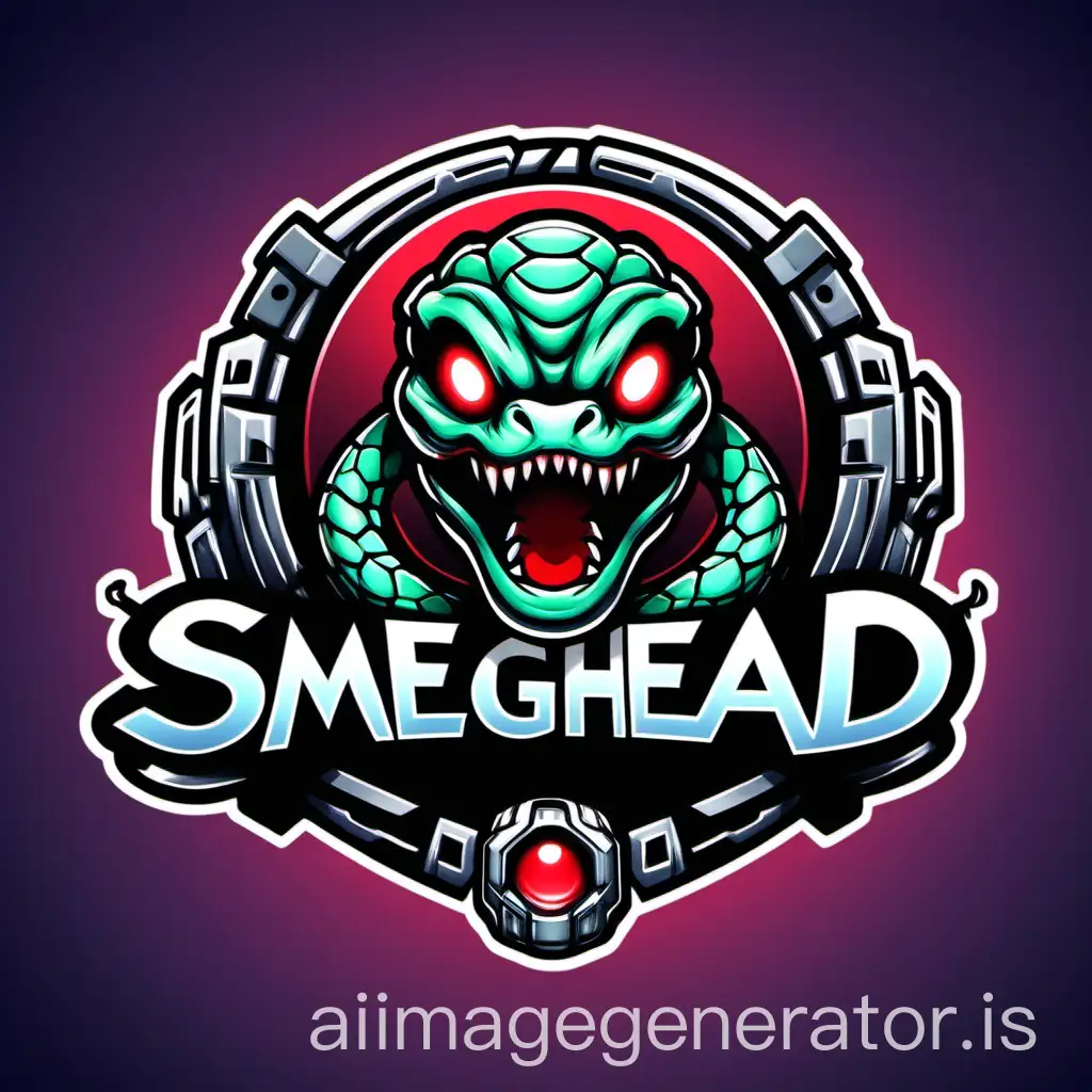 A logo for a gaming streamer named 'SMEGHEAD2155' in a cellshaded style where the name is at the bottom of the logo and the top of the logo is a character based on a cybernetic snake with one red eye