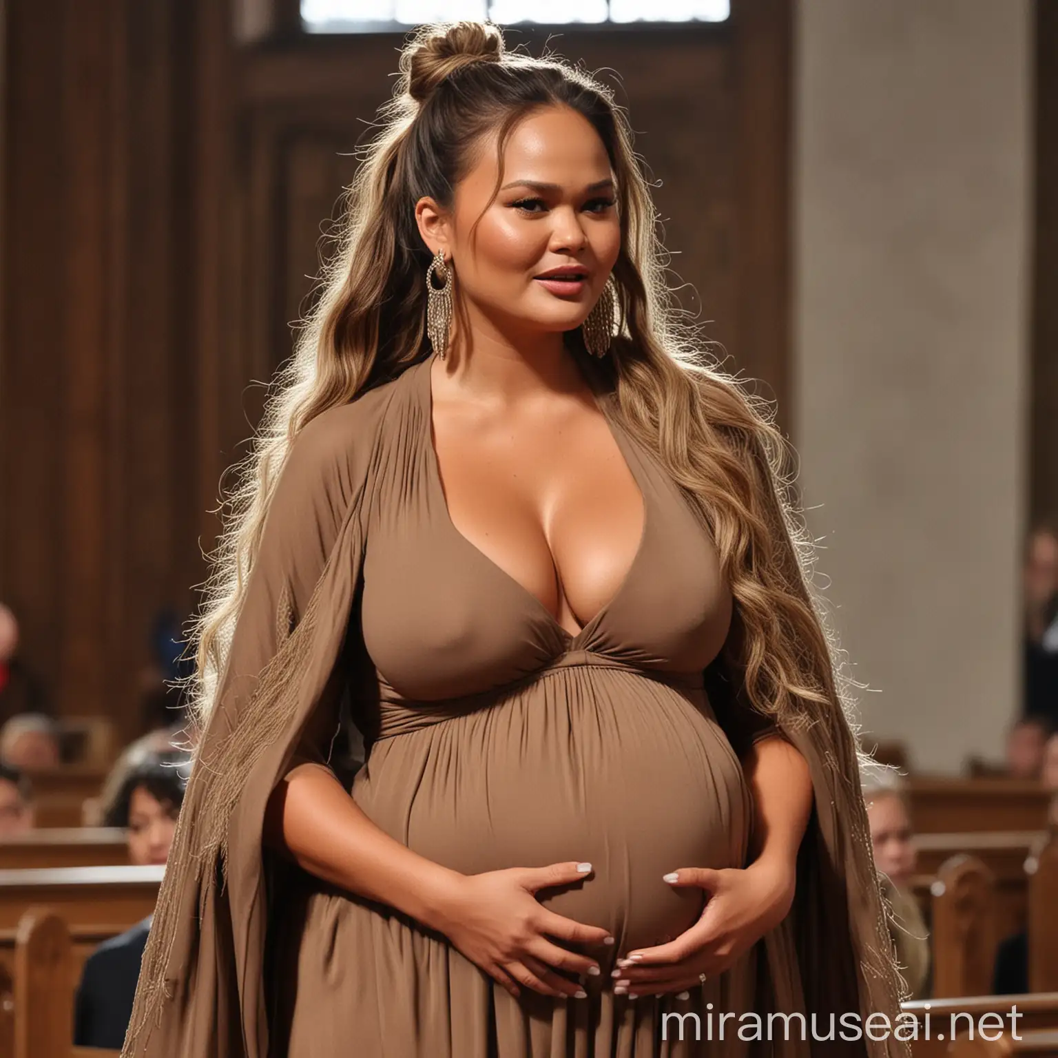 Chrissy Teigen with big pregnant belly in church, big long kinky hair in a ponytail, giant breasts, showing massive cleavage, zoomed in from the waist up
