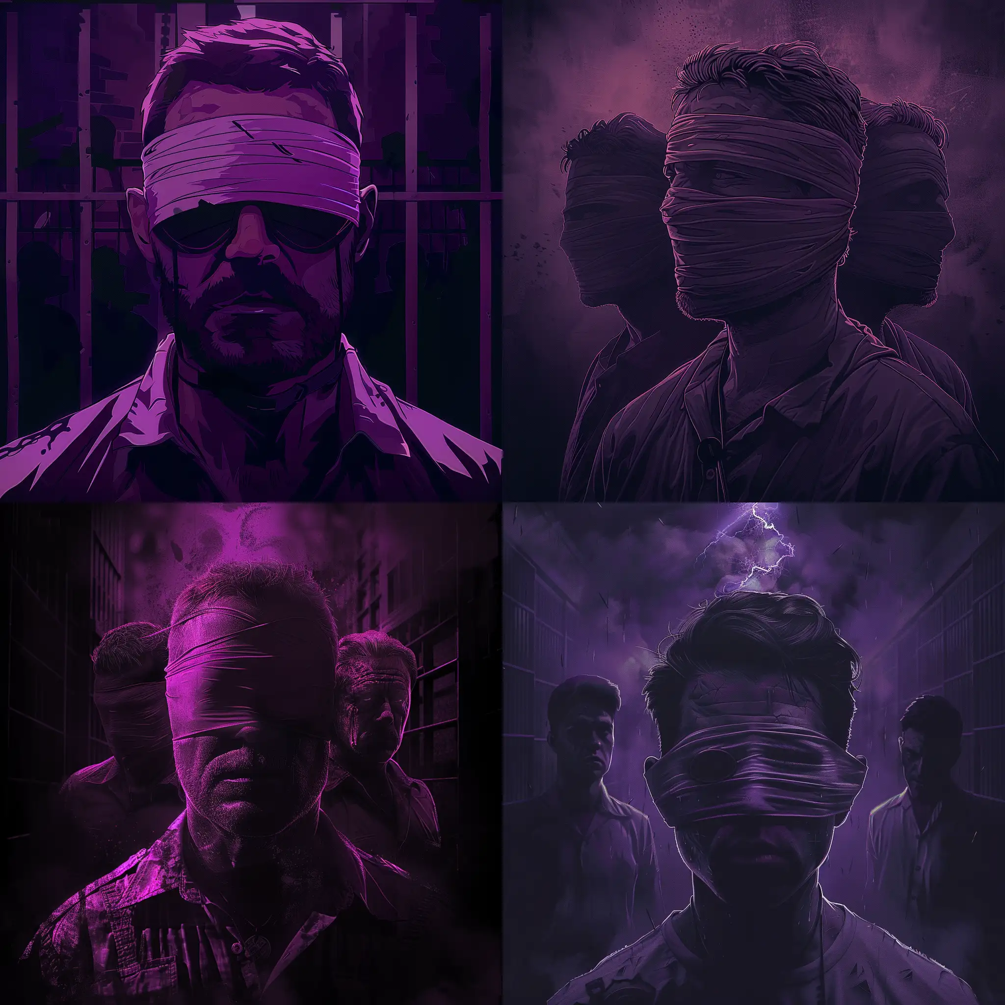 A blindfolded man with a serious expression, the background is dark, he appears to be in a prison Digital art style with a purple tone with high detail in a cartoon-like style, soft lighting, movie poster, digital art, 3 mafia mans,. A dark atmosphere is depicted.--ar 16:9 --v 6.0