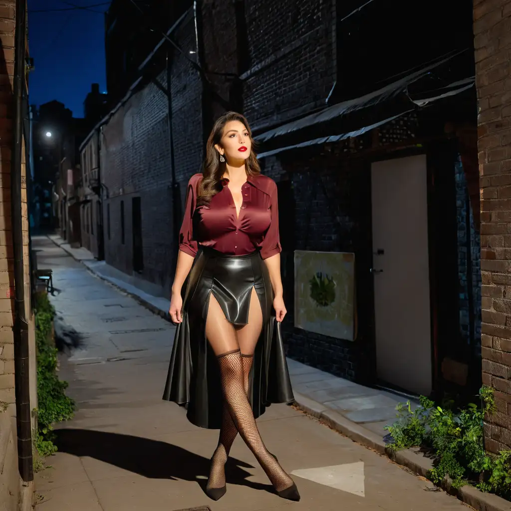 Seductive Woman in Urban Alley Nighttime Temptation with Fishnet Stockings and Latex Skirt