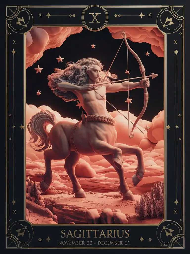 Design a HQ ""Title: Sagittarius"" tarot card featuring ""Subtitle: November 22 - December 21"" premium 14PT black card stock authenticated breathtaking 8k 16k visuals /"A centaur with a bow and arrow, a adventurous gaze, and a flowing mane, often surrounded by stars, clouds, or a vast landscape."/, complex fandom artwork, Add_Details_XL-fp16 algorithm, 3D octane rendering style (3DMM_V12) with the mdjrny-v4 style, infused with global illumination --q 200 --s 275 --ar 3:4 --c 500 --w 500