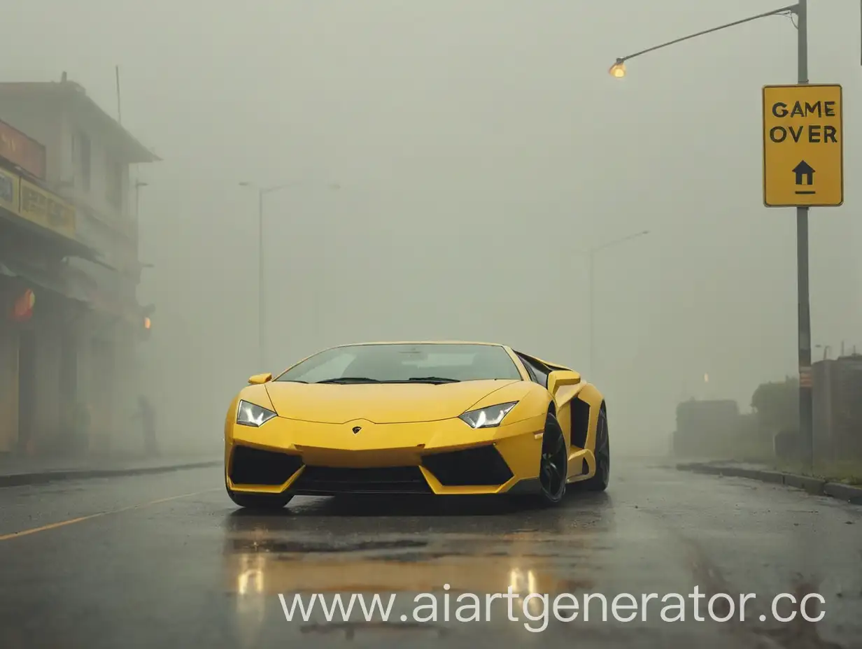 Yellow-Lamborghini-Against-Foggy-Game-Over-Scene-with-Retry-Options