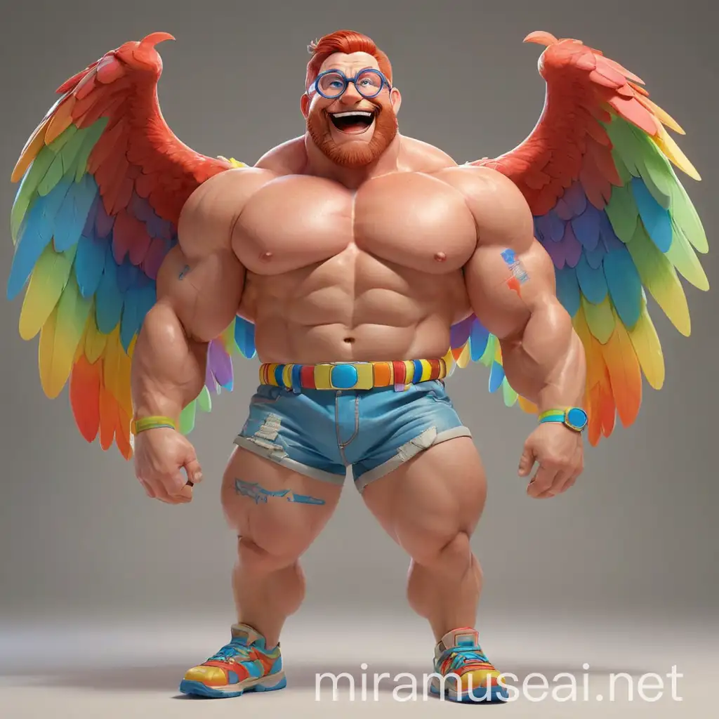 Studio Light Subtle Smile Topless 40s Ultra Chunky Red Head Bodybuilder Daddy Big Eyes with Beard Wearing Multi-Highlighter Bright Rainbow Colored See Through huge Eagle Wings Shoulder Jacket short shorts and Flexing his Big Strong Arm Up with Doraemon Goggles on forehead