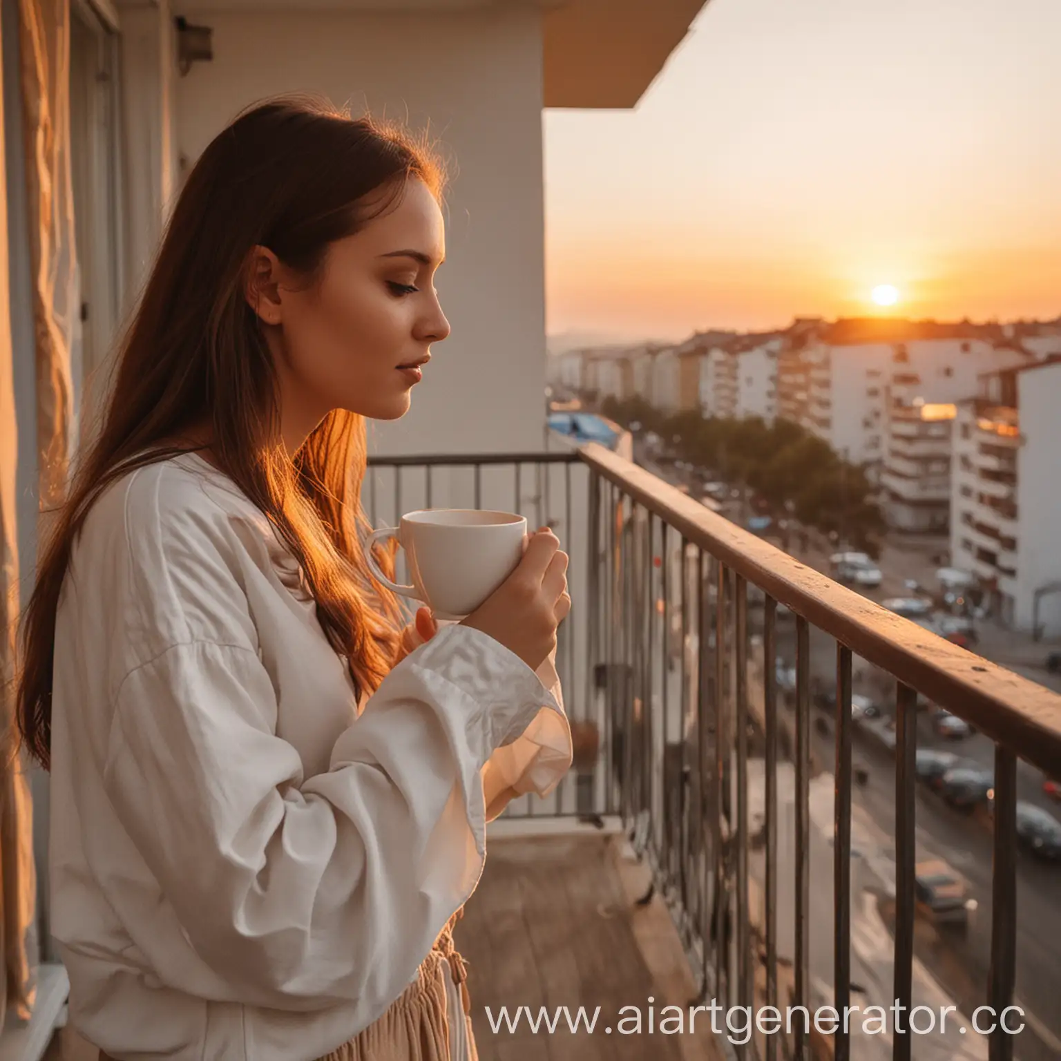 Девушка на балконе пьёт кофе на фоне заката
