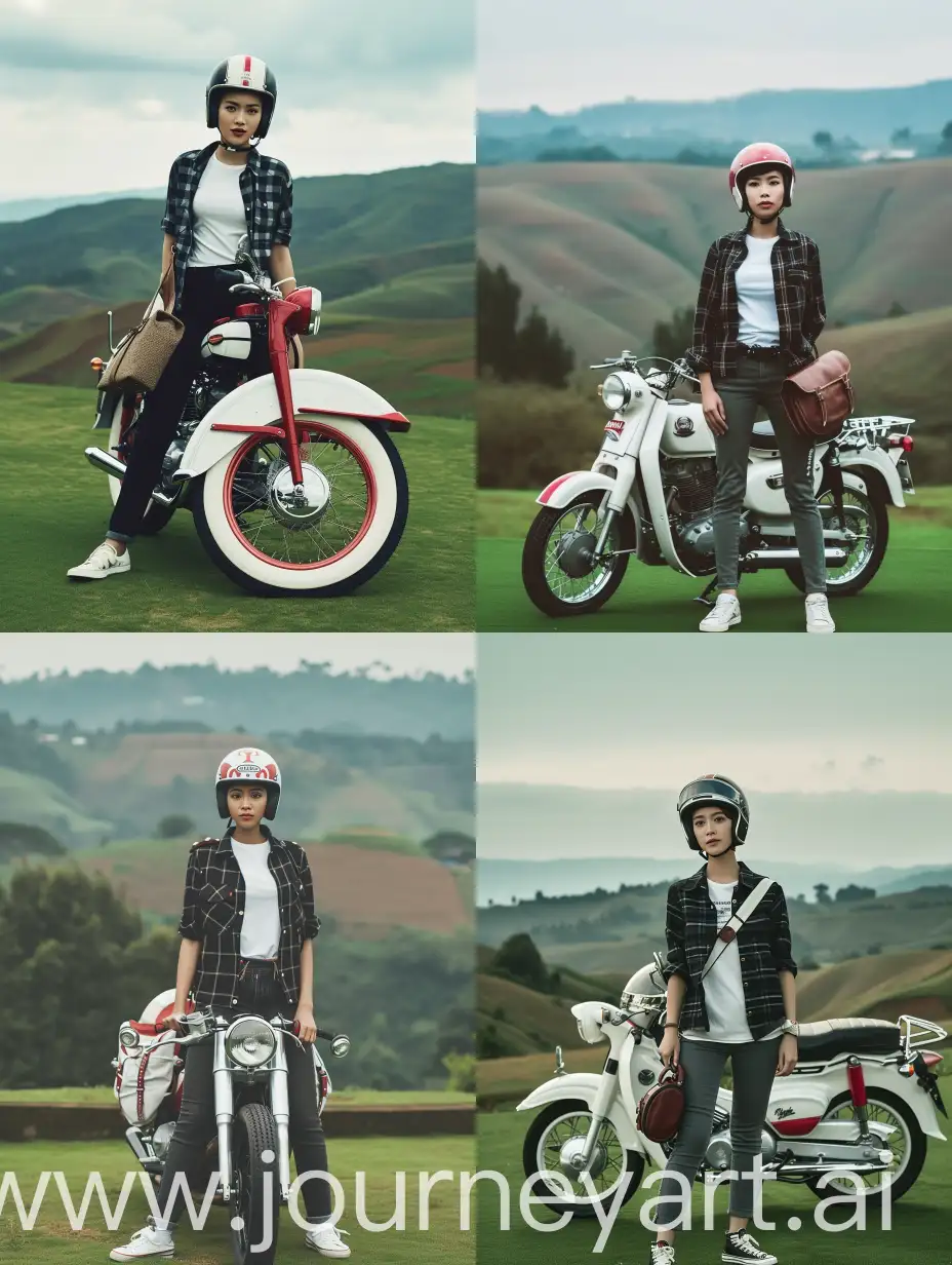 Stylish-Indonesian-Woman-Poses-with-Classic-Motorcycle-in-Serene-Countryside-Setting