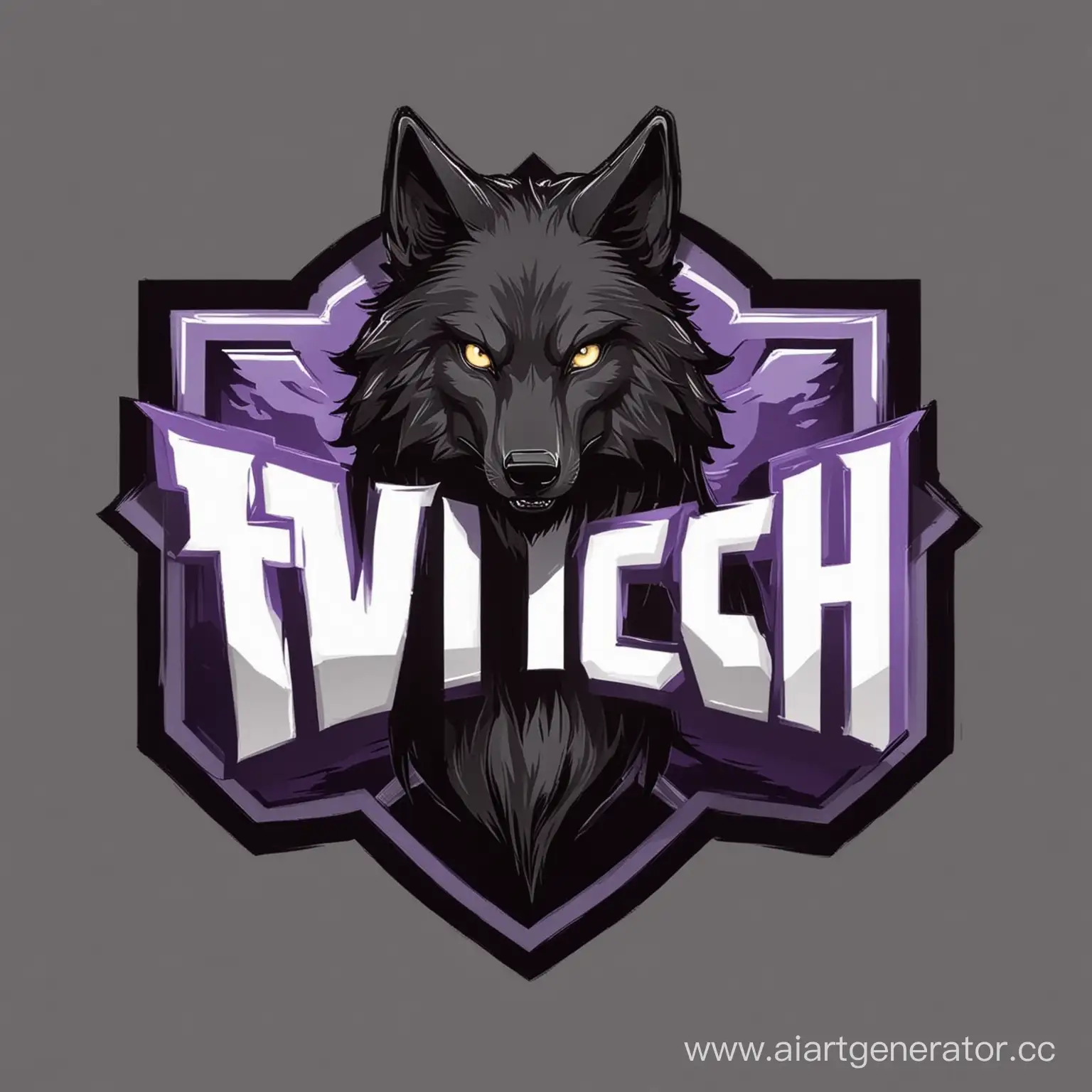 logo for twitch, black wolf, white border, anime style