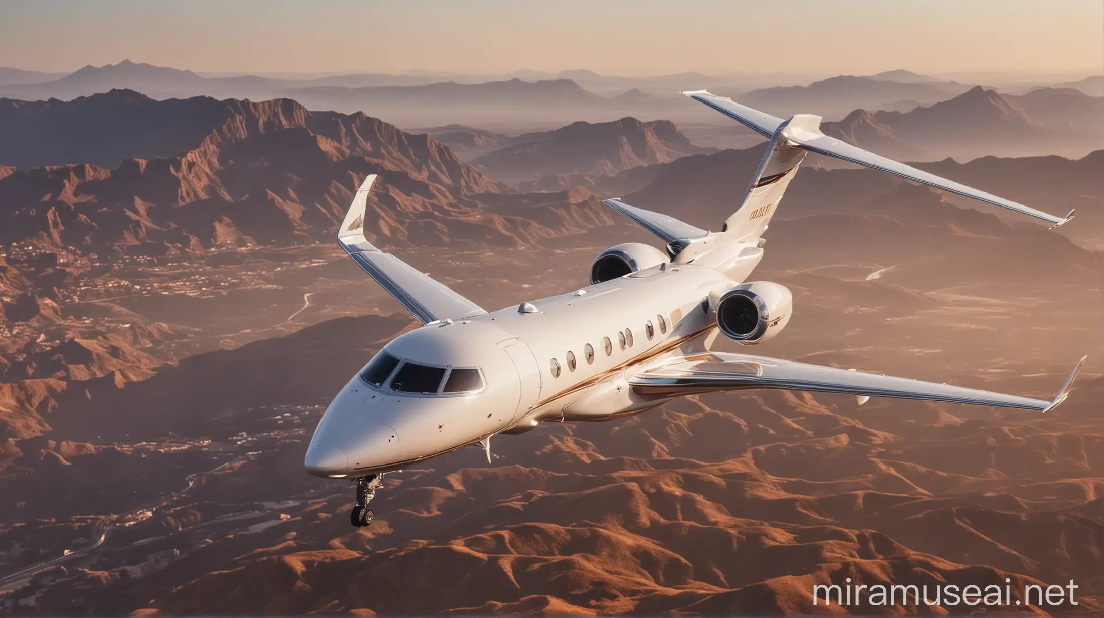 Luxurious Private Jet Flying Over SnowCapped Mountains