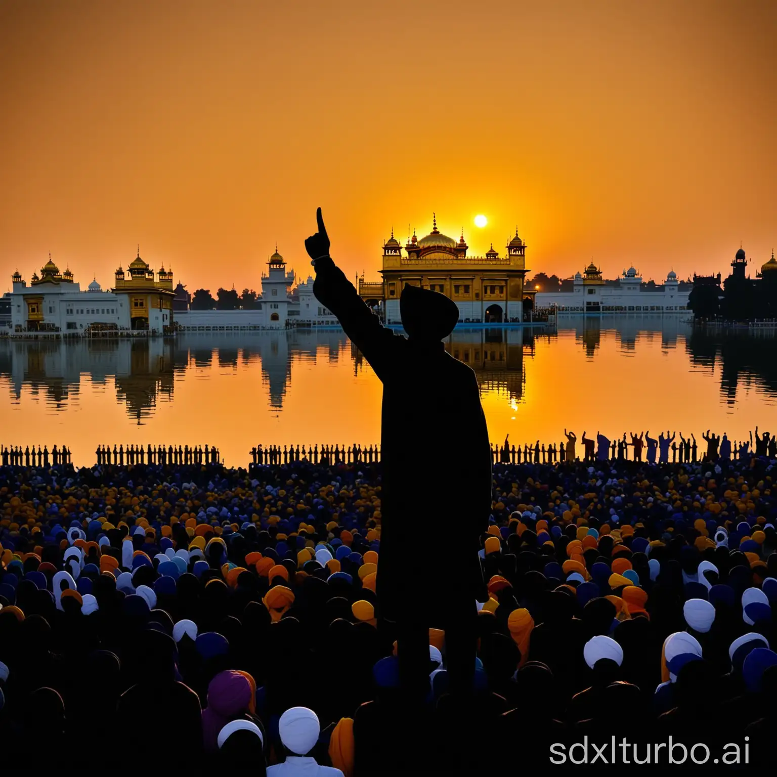sidhu moosewala silhouette (you cant see the face) figure turned towards the crowd with one finger raised to the sky and the other gripping the mic, infront of crowds of sikhs (also silhoutte) at the golden temple at dawn