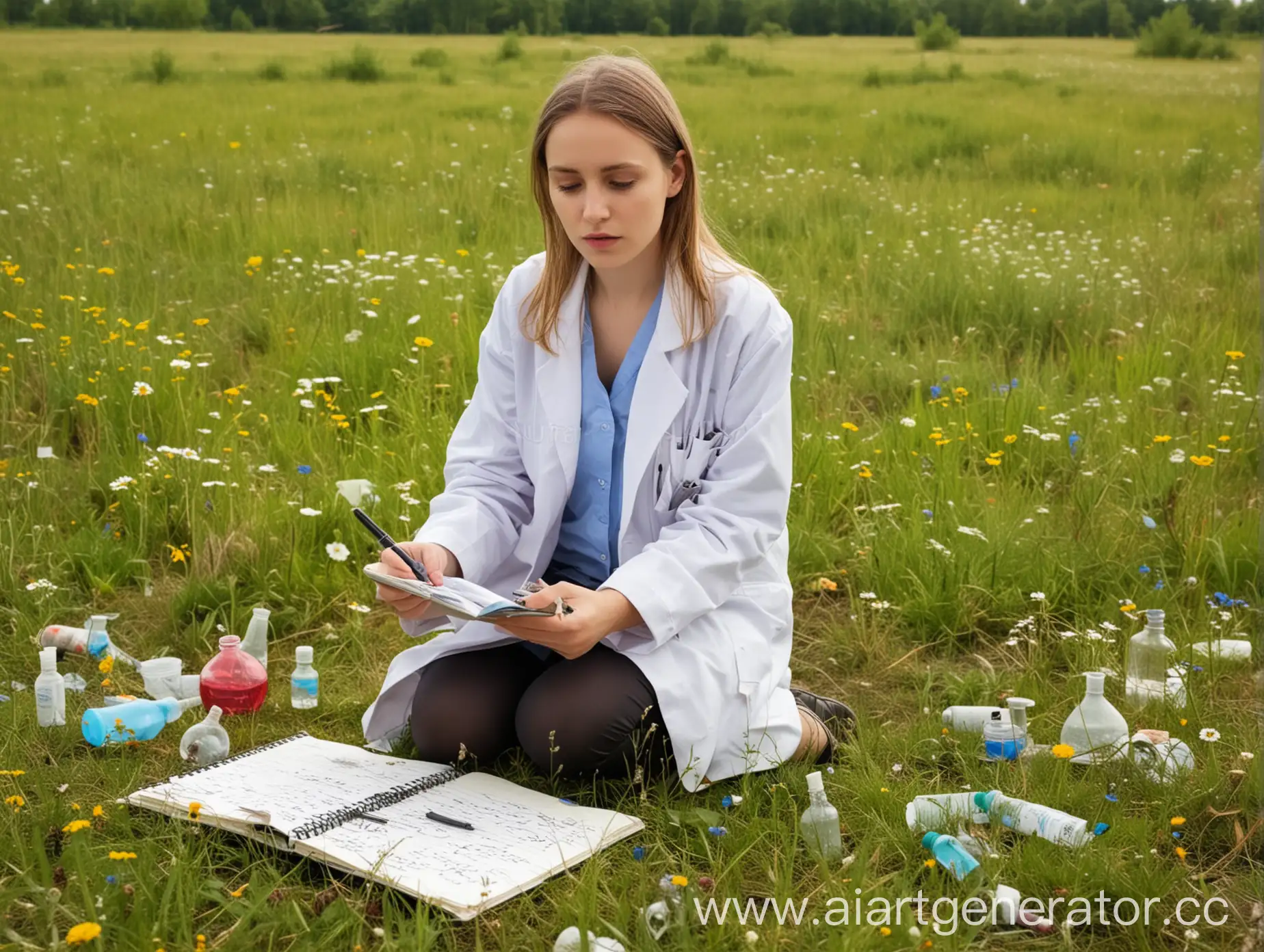 Девушка-эколог в белом халате стоит с круглой химической колбой и что-то записывает в блокнот; лесная поляна с мусором