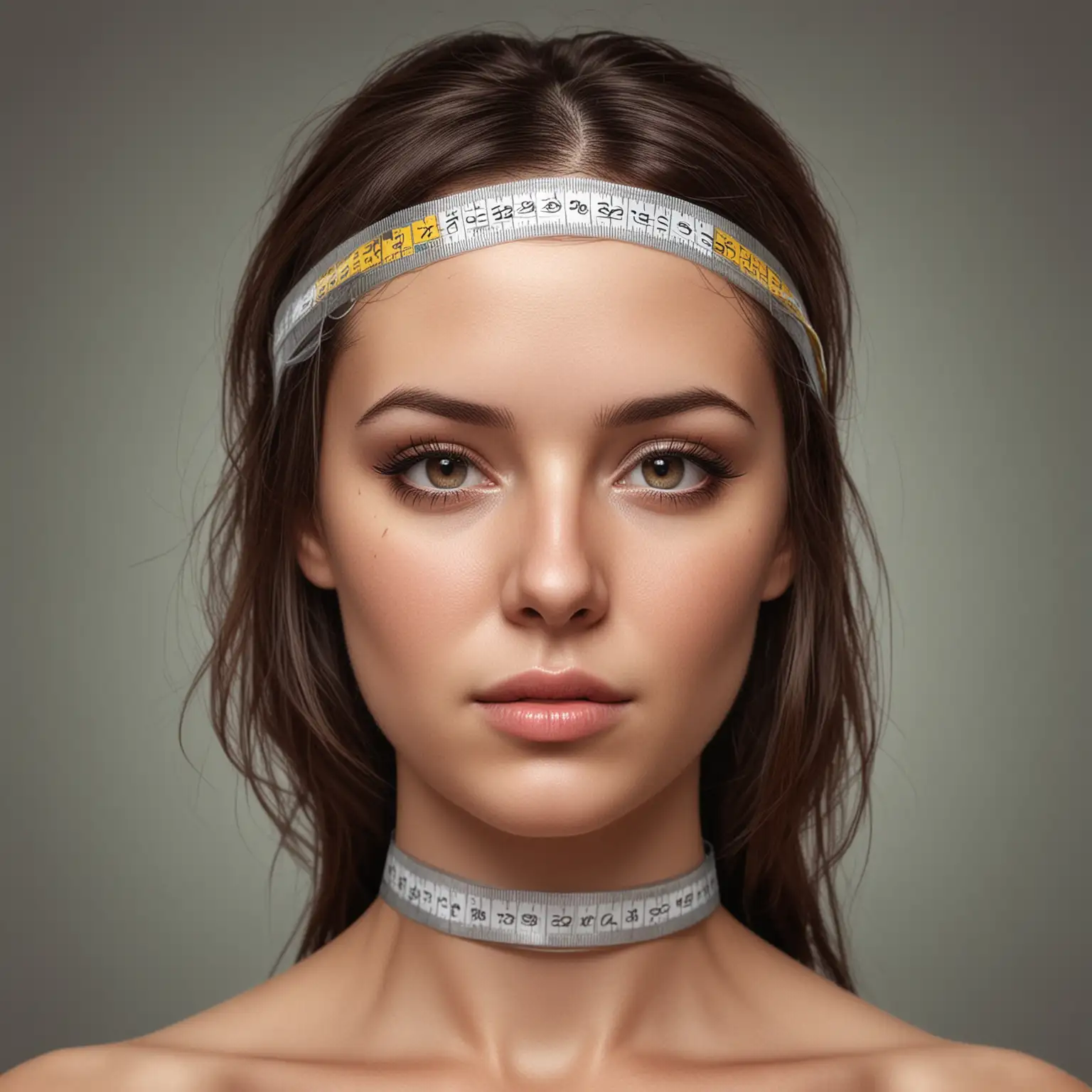 Realistic brunette woman head delicately wrapped in a measuring tape

