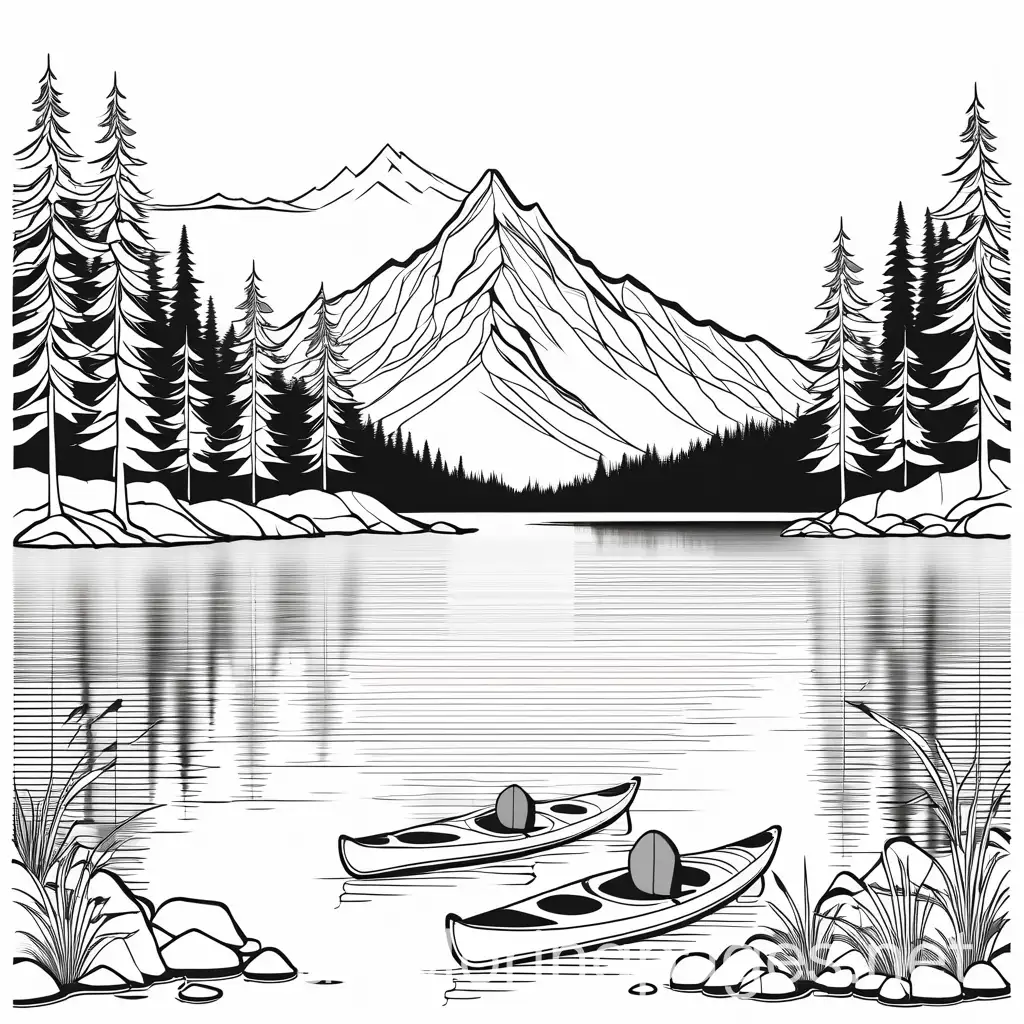 camping near a mountain with kayaks in a lake, Coloring Page, black and white, line art, white background, Simplicity, Ample White Space