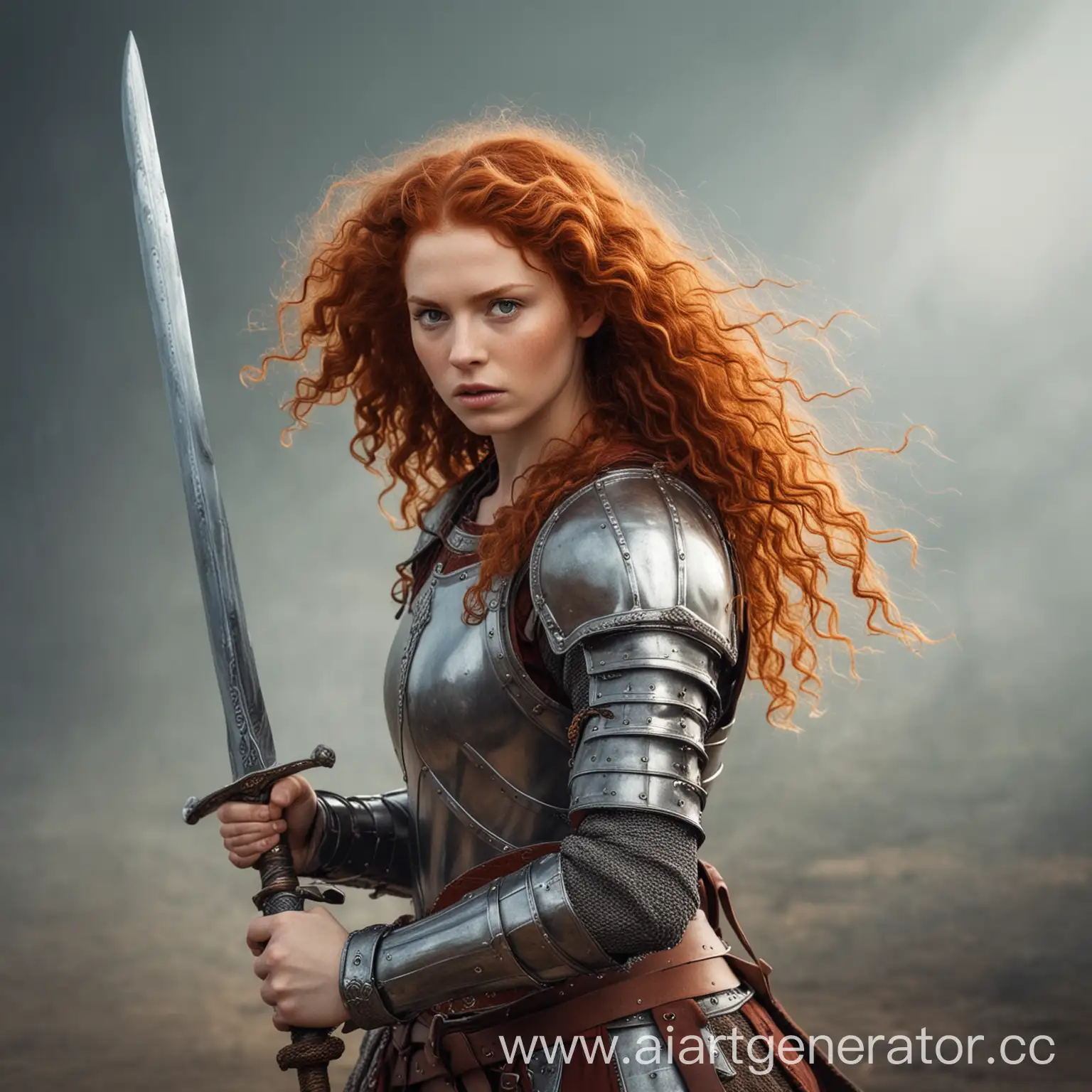 12th century. A curly-haired red-haired woman in armor raised her sword