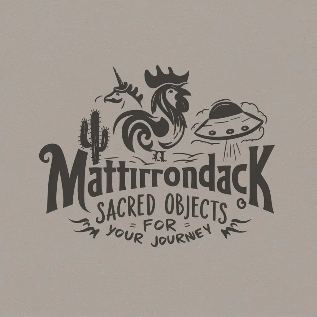 a logo design, with the text 'Mattirondack sacredobjectsforYourjourney', main symbol: Rooster with a unicorn horn on its head, UFO, cactus, Moderate, clear background