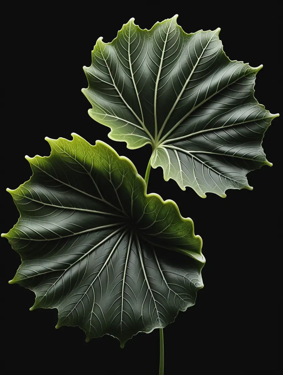 huge leaf curled round at the top on a black background