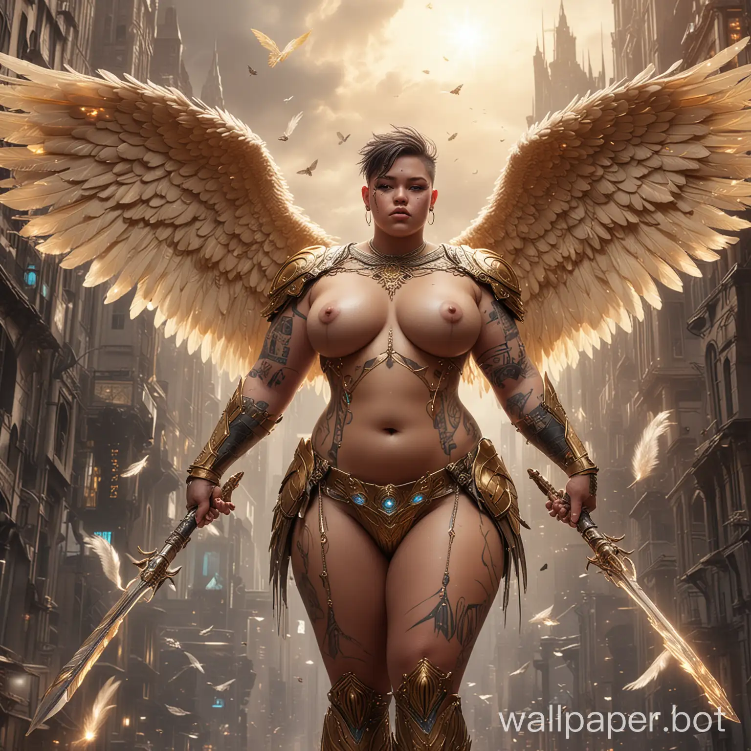 A sci-fi future fat tattooed warrior angel boy with strong arms and exposed chubby breasts with pierced nipples and chubby belly, wearing minimal armor with iridescent wings with gold-tipped feathers, hovering in flight and glowing with angelic power while holding an aetheric magical staff, posing in front of a magical futuristic cityscape.