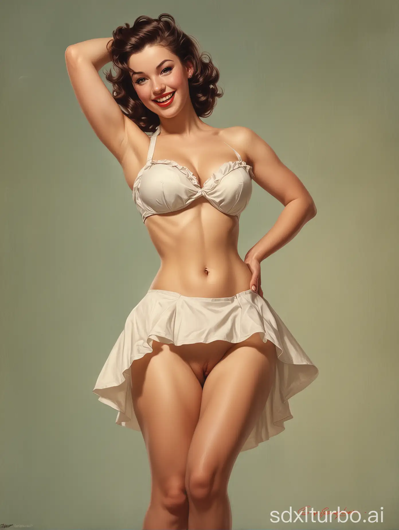 upshot, naked upskirt view of a woman, a Gil Elvgren style painting, high resolution: artgerm, pin-up style poster, idealized, smiling, sexy