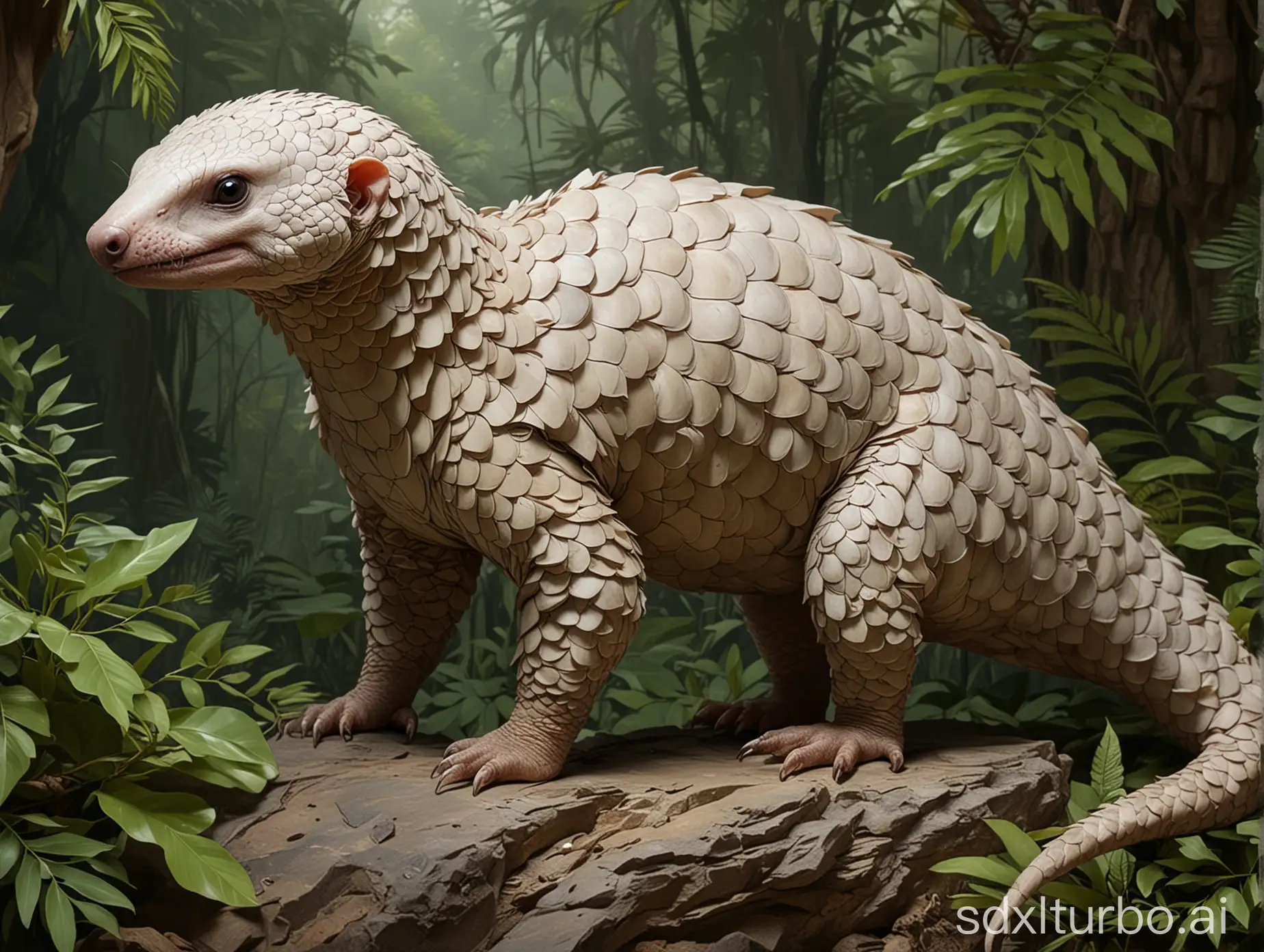A full body shot of a hybrid creature: anatomy of a pangolin, with body skin of a ferret, With a background of a jade-rocky rainforest, in the style of painting by Leyendecker.