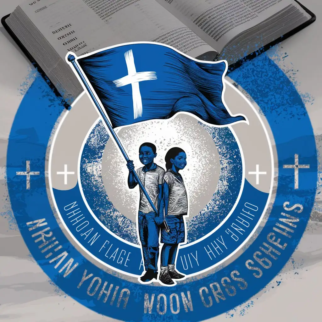 a logo design,with the original text 'ELC Wampar Seket Yut', main symbol:Create a logo featuring a * single big bible* at background inside the circle * blue flag* * icon  face of 2 african youth (boy and girl)* holding the flag. The flag should prominently display the Christian long cross symbol across the flag. The overall design should be balanced and harmonious, with a circular frame representing unity and continuation. Use blue color.