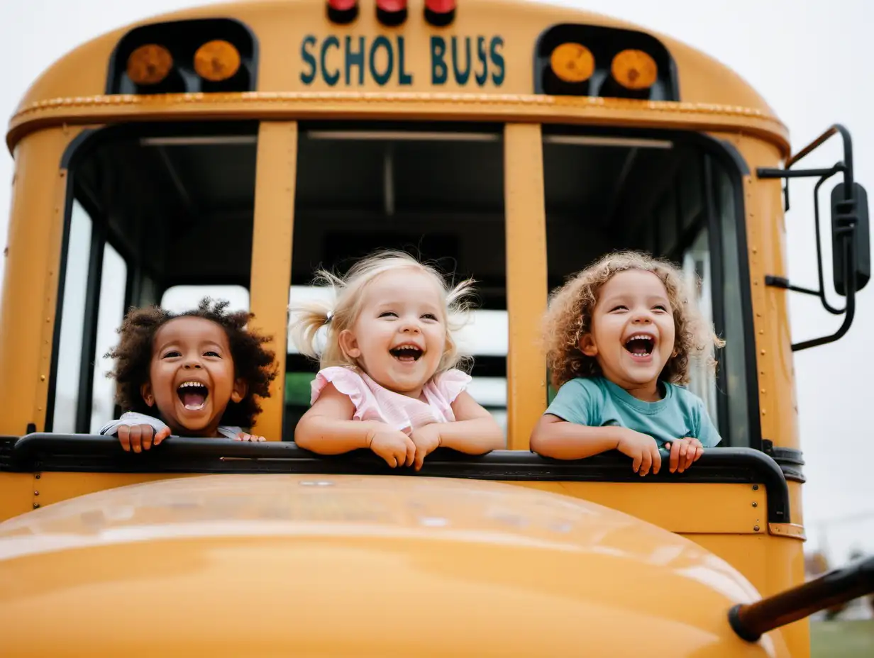 One toddler driving a school bus  and two children  laughing and smiling in the bus 
