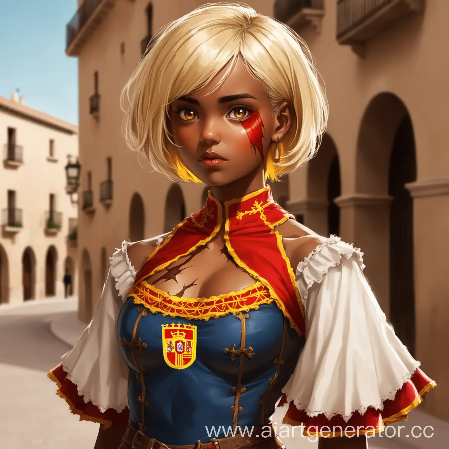 Девушка с смуглой кожей, короткие блондинистые волосы, большой шрам на груди, интересная одежда с элементами испании