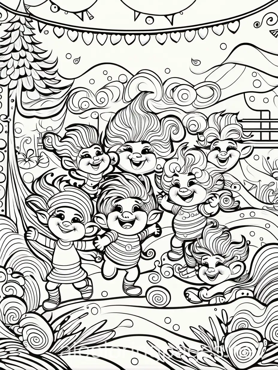  trolls , playing on playground,, crazy hair,, colouring  page, infant, thick lines, ample white space., Coloring Page, black and white, line art, white background, Simplicity, Ample White Space. The background of the coloring page is plain white to make it easy for young children to color within the lines. The outlines of all the subjects are easy to distinguish, making it simple for kids to color without too much difficulty