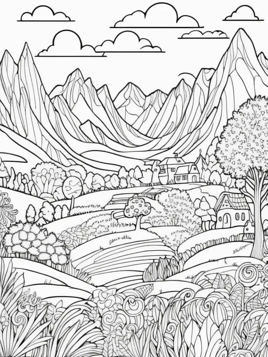 Whimsical Doodle Landscape Coloring Page