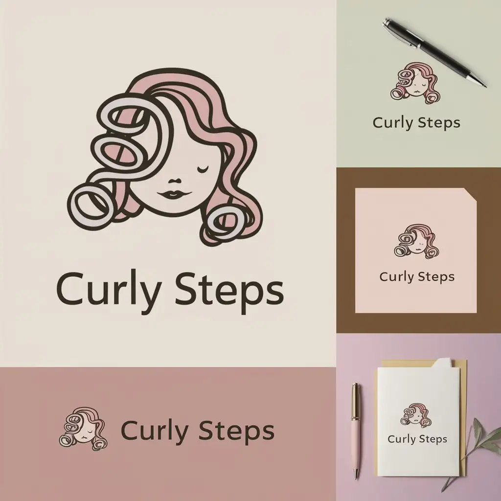 a logo design,with the text "Curly Steps", main symbol:the logo should include   a girls' curly hair care theme. logo on must be stationery design mockup,Moderate,clear background