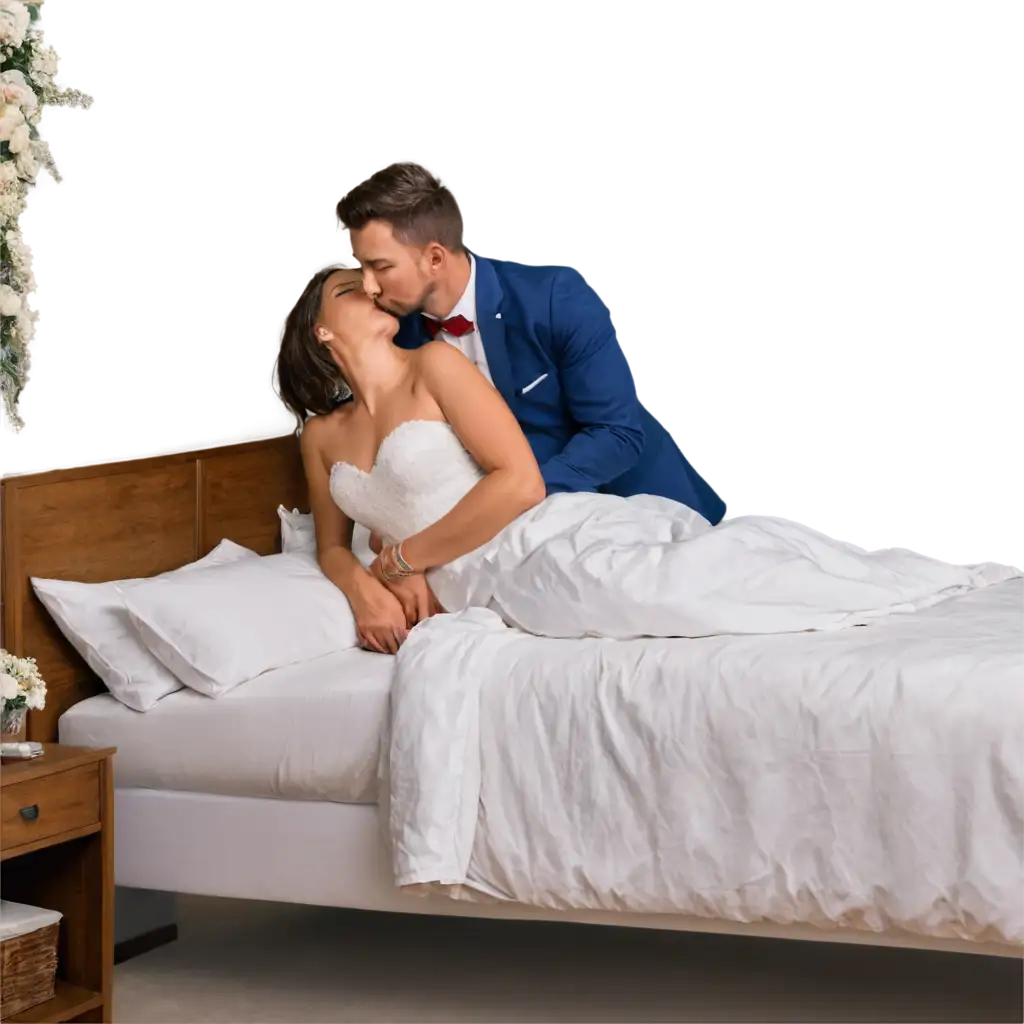Girl kissing her husband on bed at wedding night 
