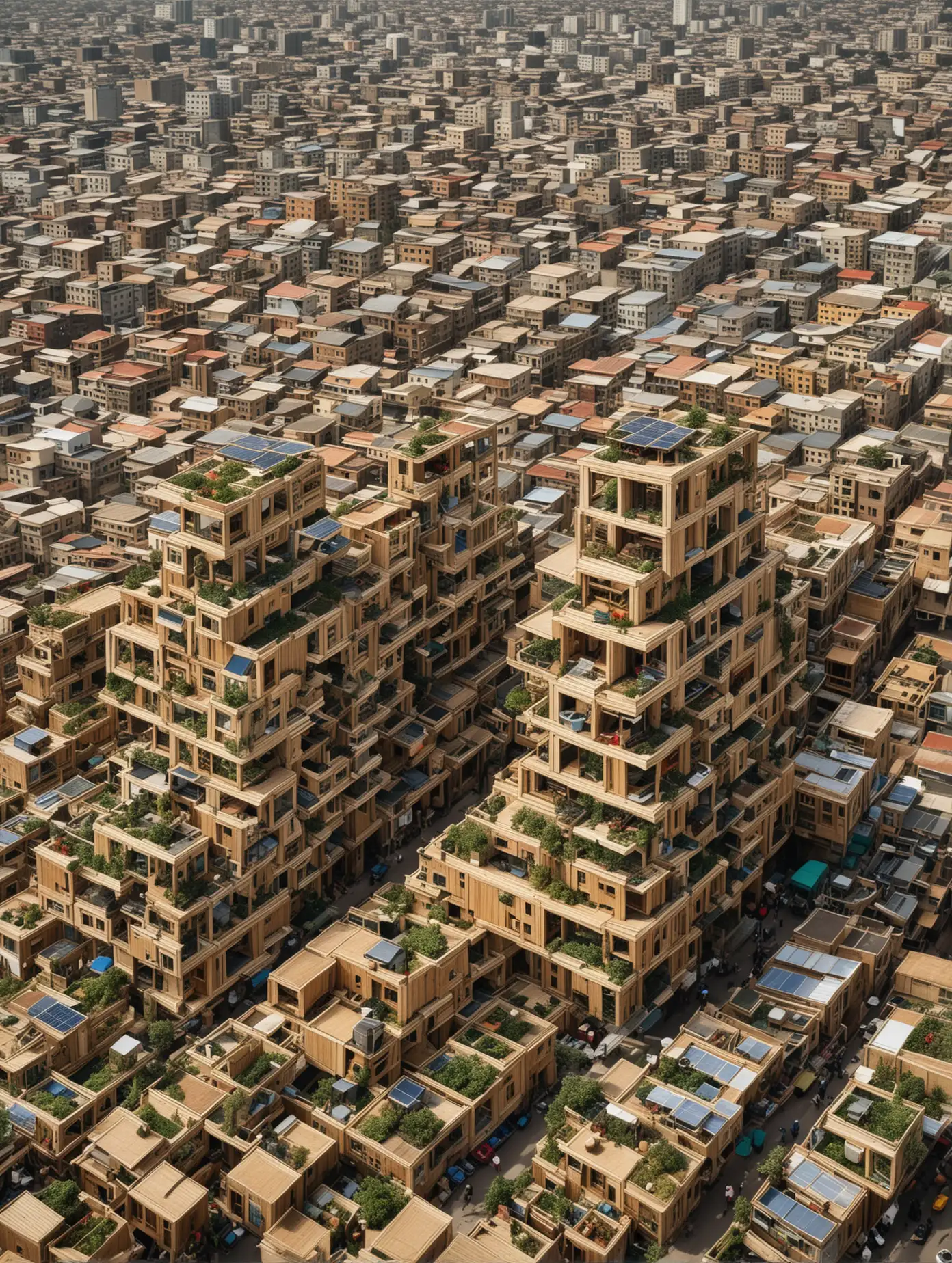 A high-resolution photograph of Lagos, Nigeria, the city´s skyline transformed by the proliferation of modular wooden building blocks in the style of metabolism architecture, with large windows and rooftop gardens for urban farming and solar panels