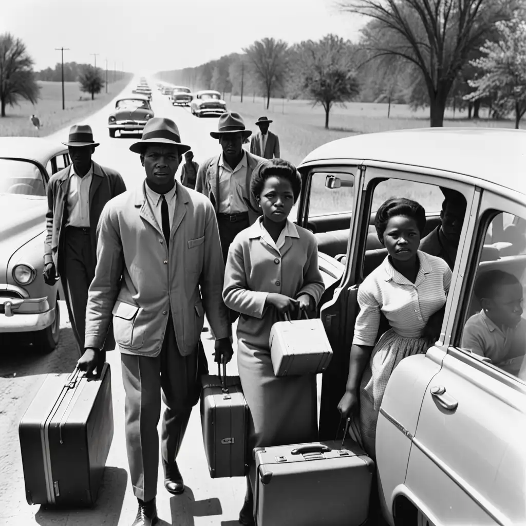 African American men, women and children with suitcase, in cars, leaving rural areas, during the  great migration, 1960