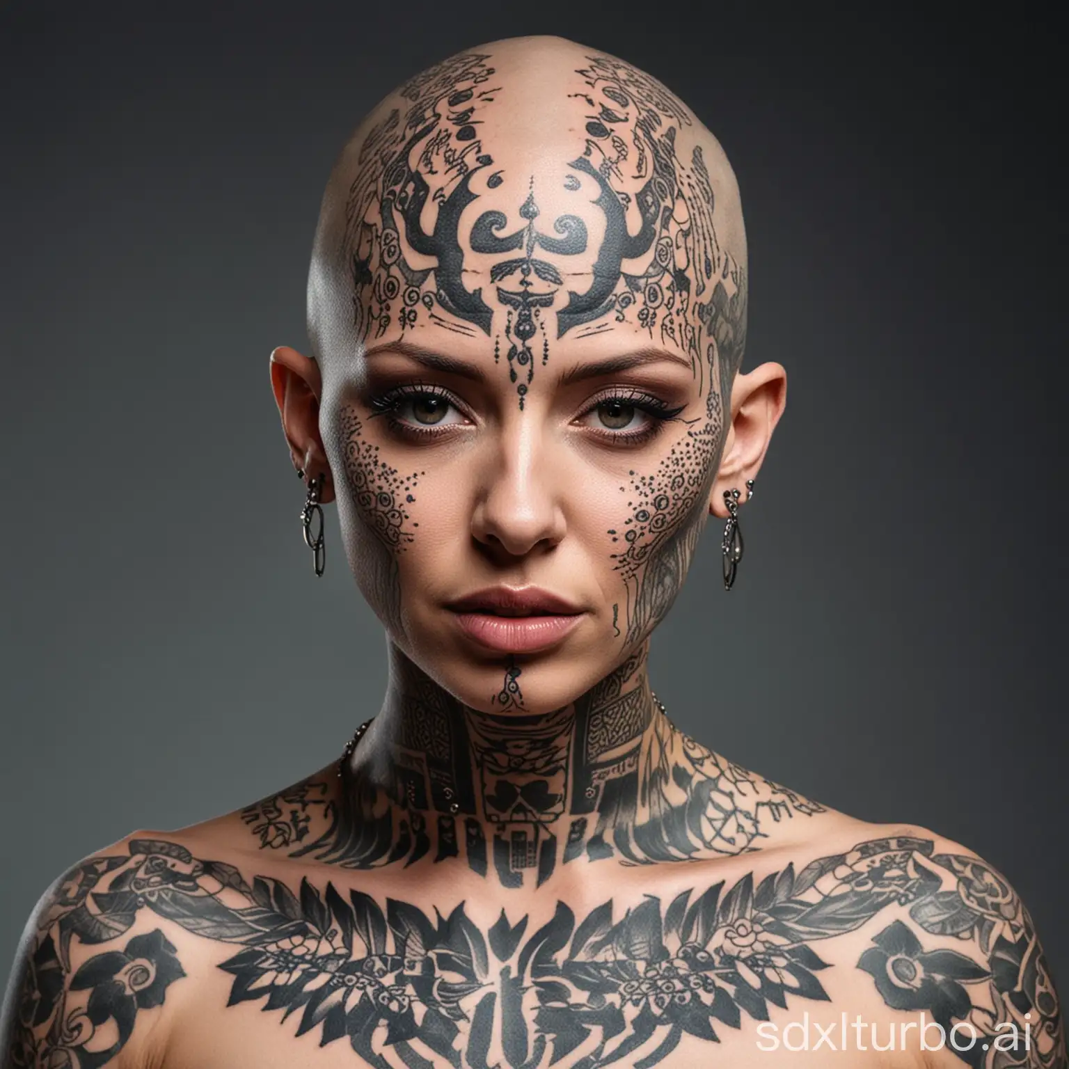 bald Head woman with excessive tattos on her whole head and extreme many piercings in face