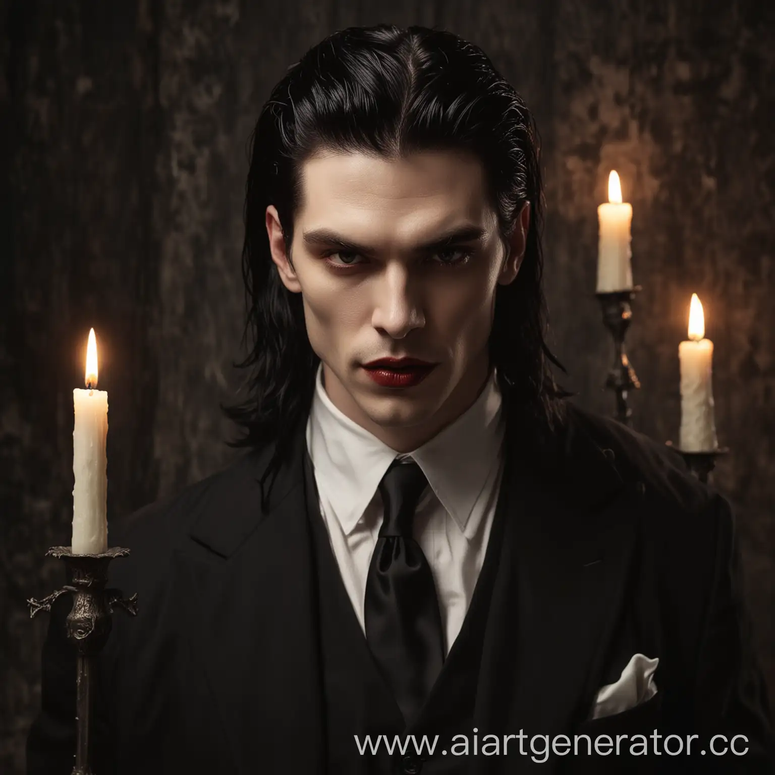 Красивый Мужчина демон с бледной кожей и черными длинными волосами. Красные губы. Светлые зрачки. В черном, старомодном костюме. Вокруг свечи. Ад