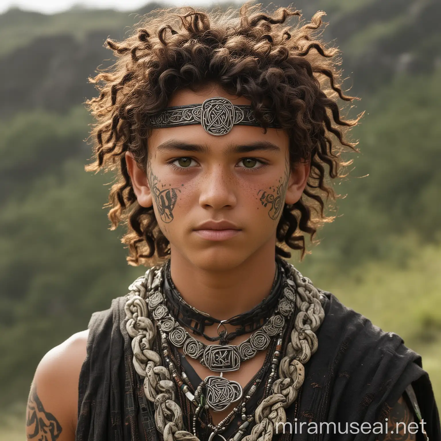 a boy 15 years old, melanin skin like a native mayan warrior, give him green eyes and freckles, give him wavy hair with coppor and black streaks, dress him in a an irish celtic druid attire, with a large mayan collar necklace made of stone carved with symbols