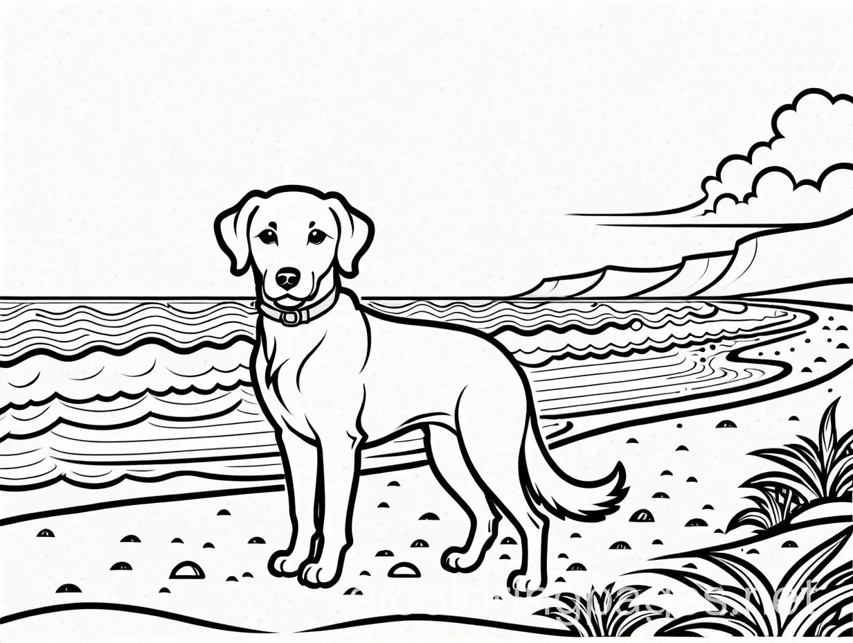 dog on the beach, Coloring Page, black and white, line art, white background, Simplicity, Ample White Space. The background of the coloring page is plain white to make it easy for young children to color within the lines. The outlines of all the subjects are easy to distinguish, making it simple for kids to color without too much difficulty