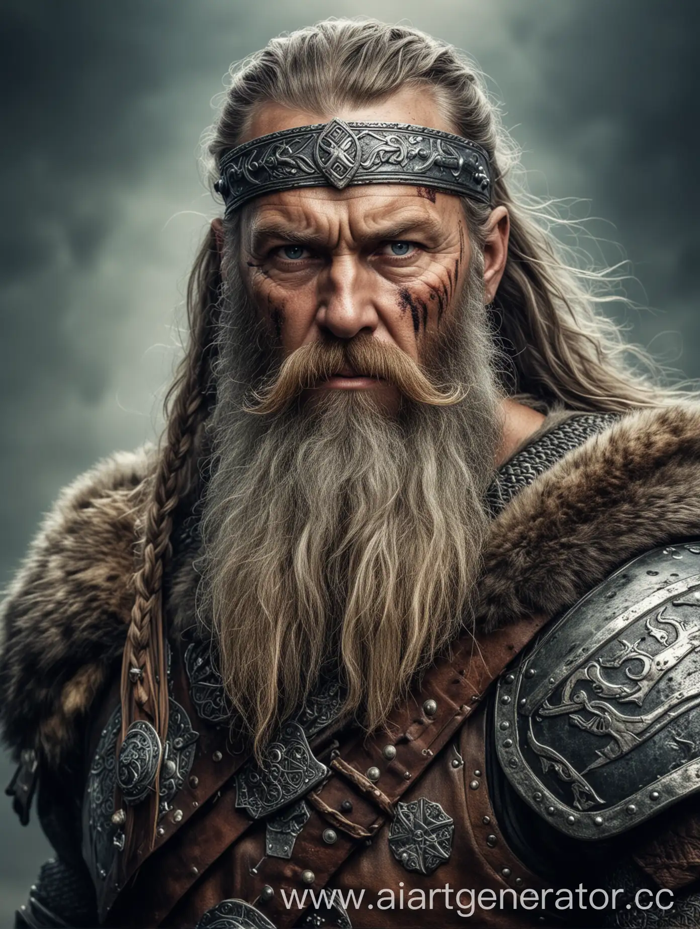 Старый, мощный воен викингов, с огромной бородой и в броне