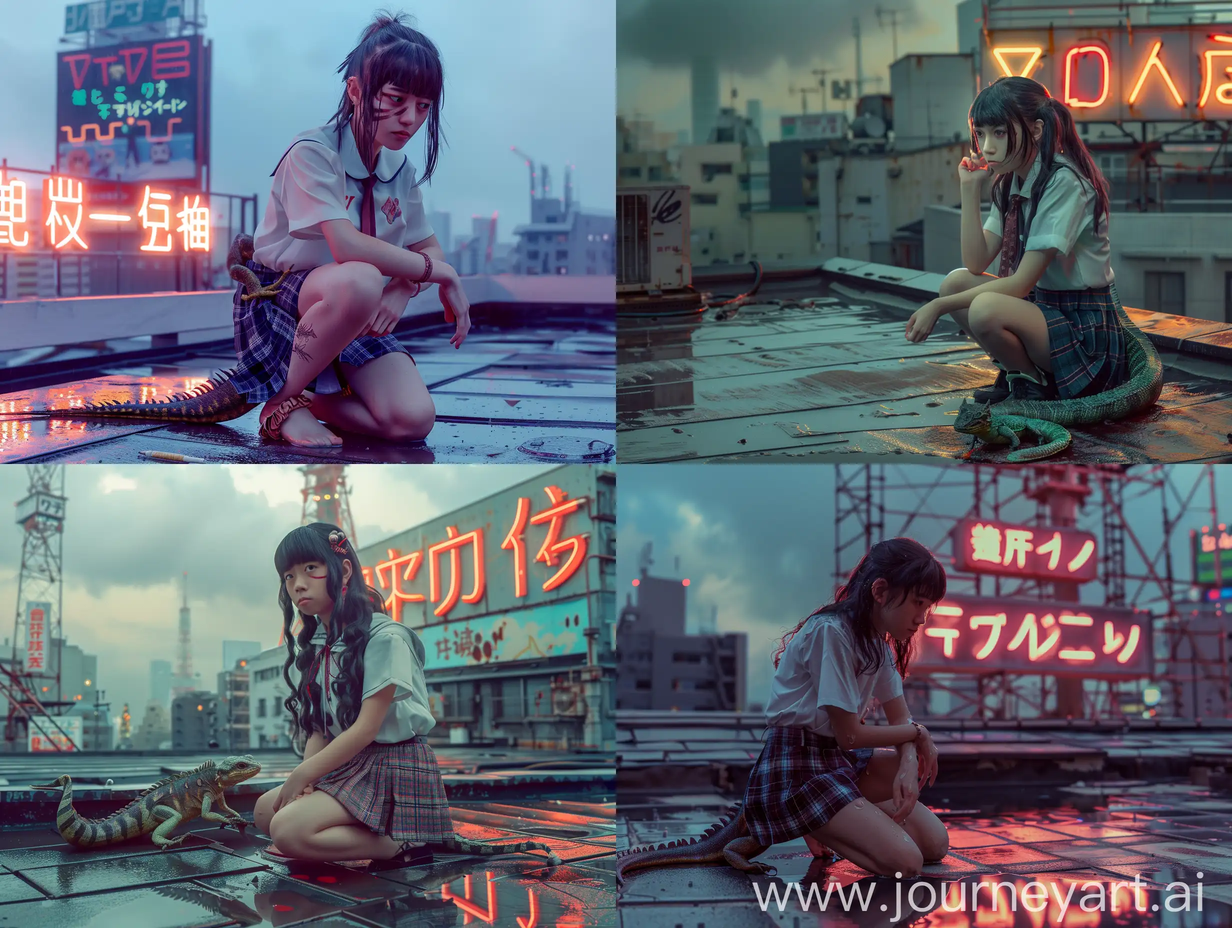 Portrait photo, cinematic, realism, use Medium-angle lens, long-shot, full-shot. Depiction of a yokai (((A Japanese girl with a lizard tail, wearing a student skirt, squatted on the ground and looked at the puddle))), Sitting on the rooftop (tokyo)  with a giant neon Signboard in the background